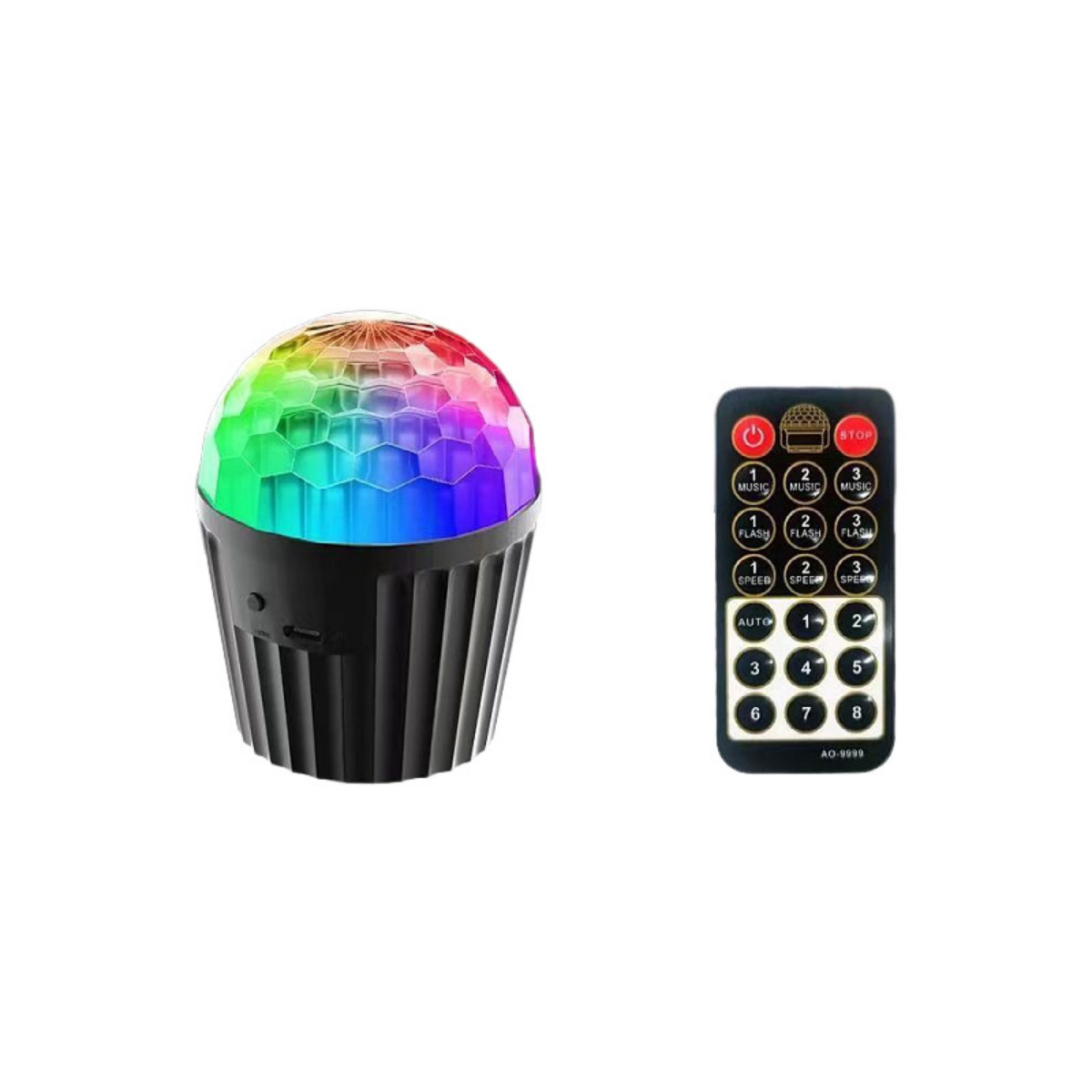 Ein bunter Disco-Ball neben einer Fernbedienung mit vielen Tasten.