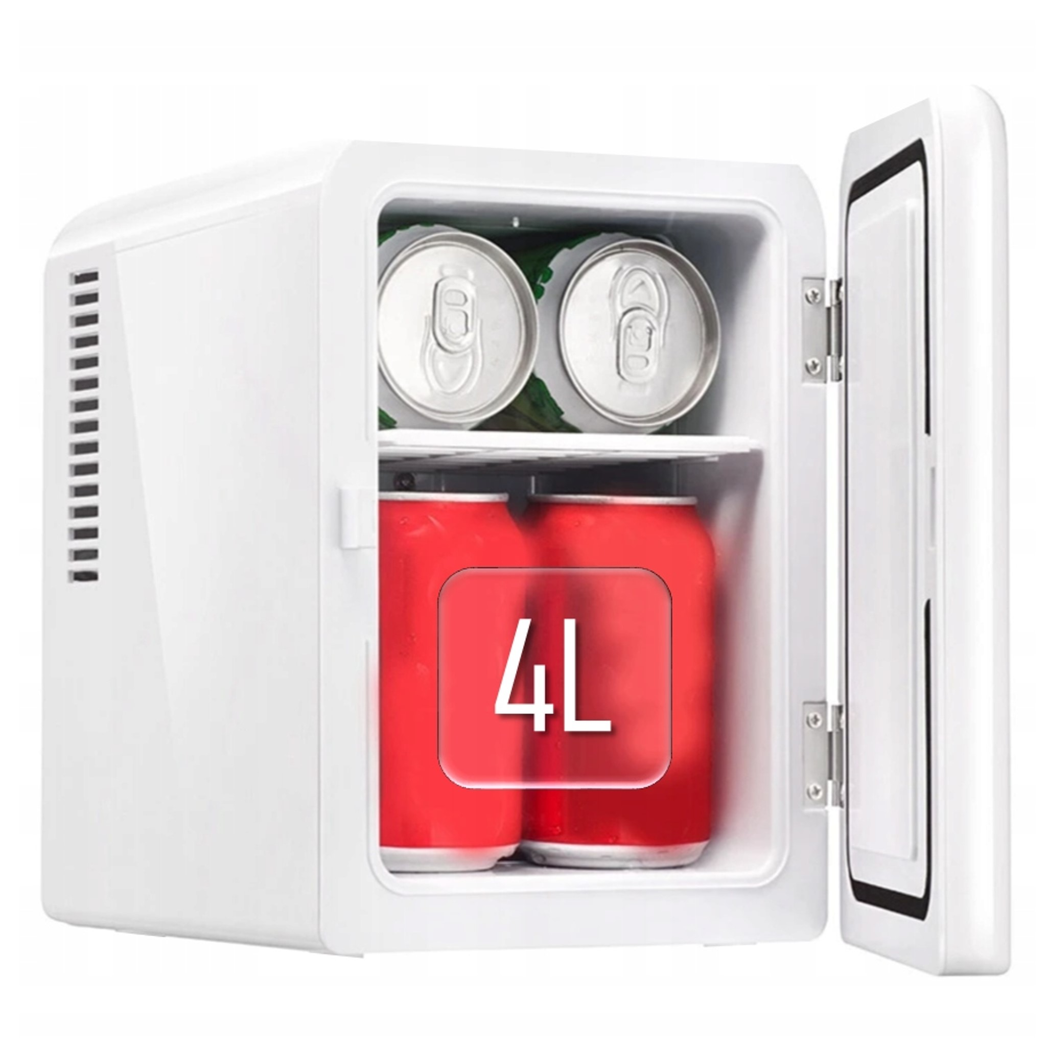 Biała mini-lodówka z otwartymi drzwiami, zawierająca dwie srebrne i dwie czerwone puszki.
