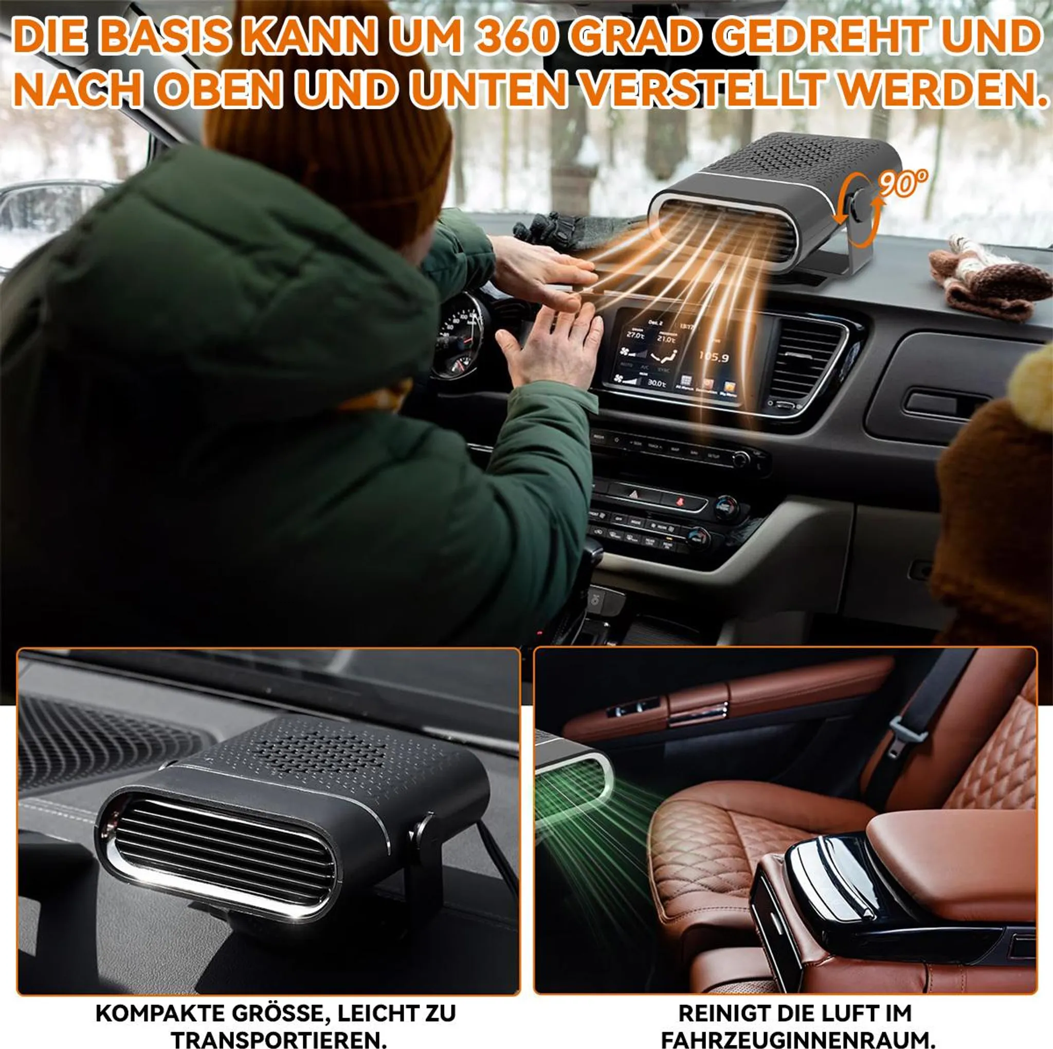Ein Mann im Auto bedient einen Lüfter, der Luft ausbläst. Kompakt und vielseitig.