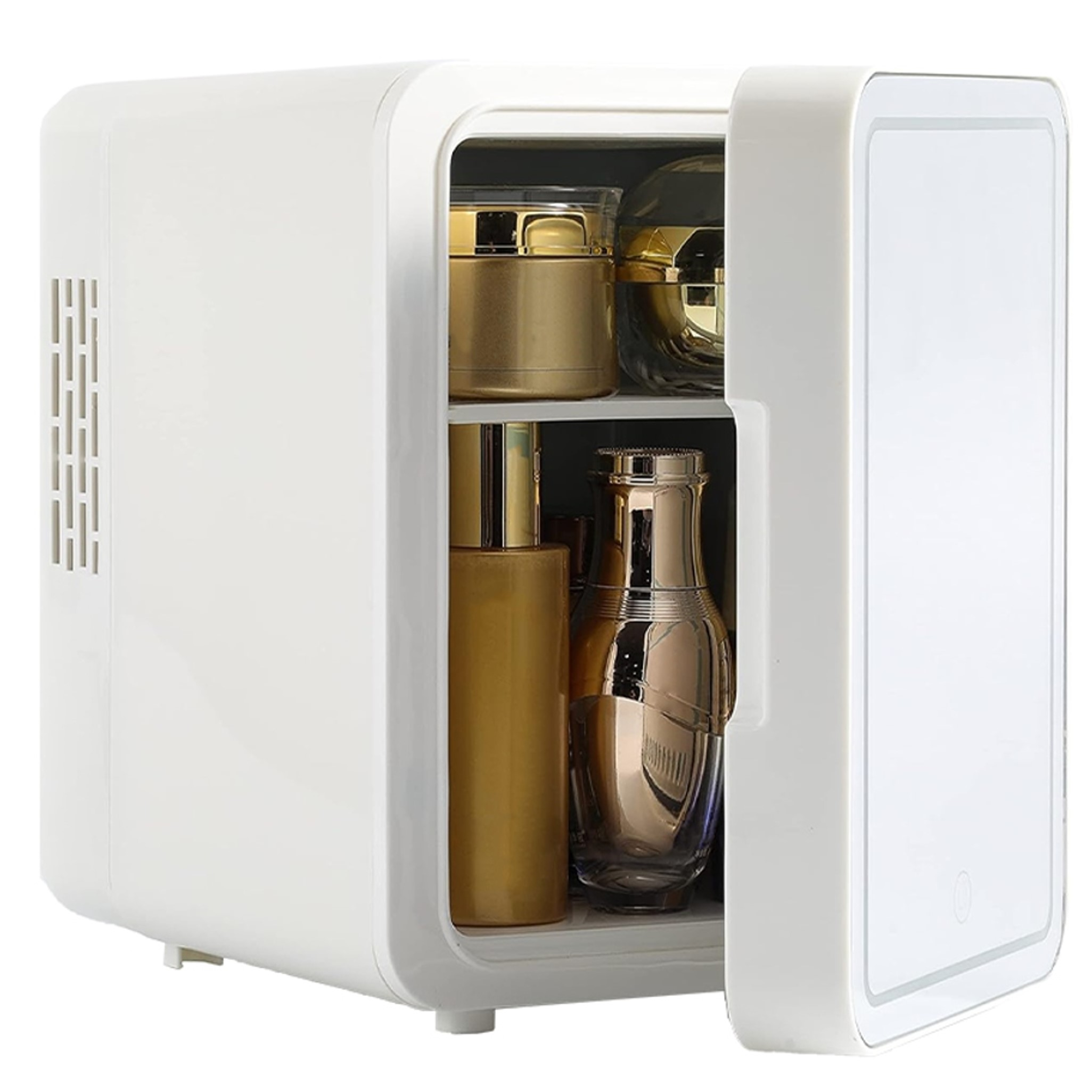 Biała mini lodówka z kosmetykami, lustrzanymi drzwiami i otworami wentylacyjnymi.
