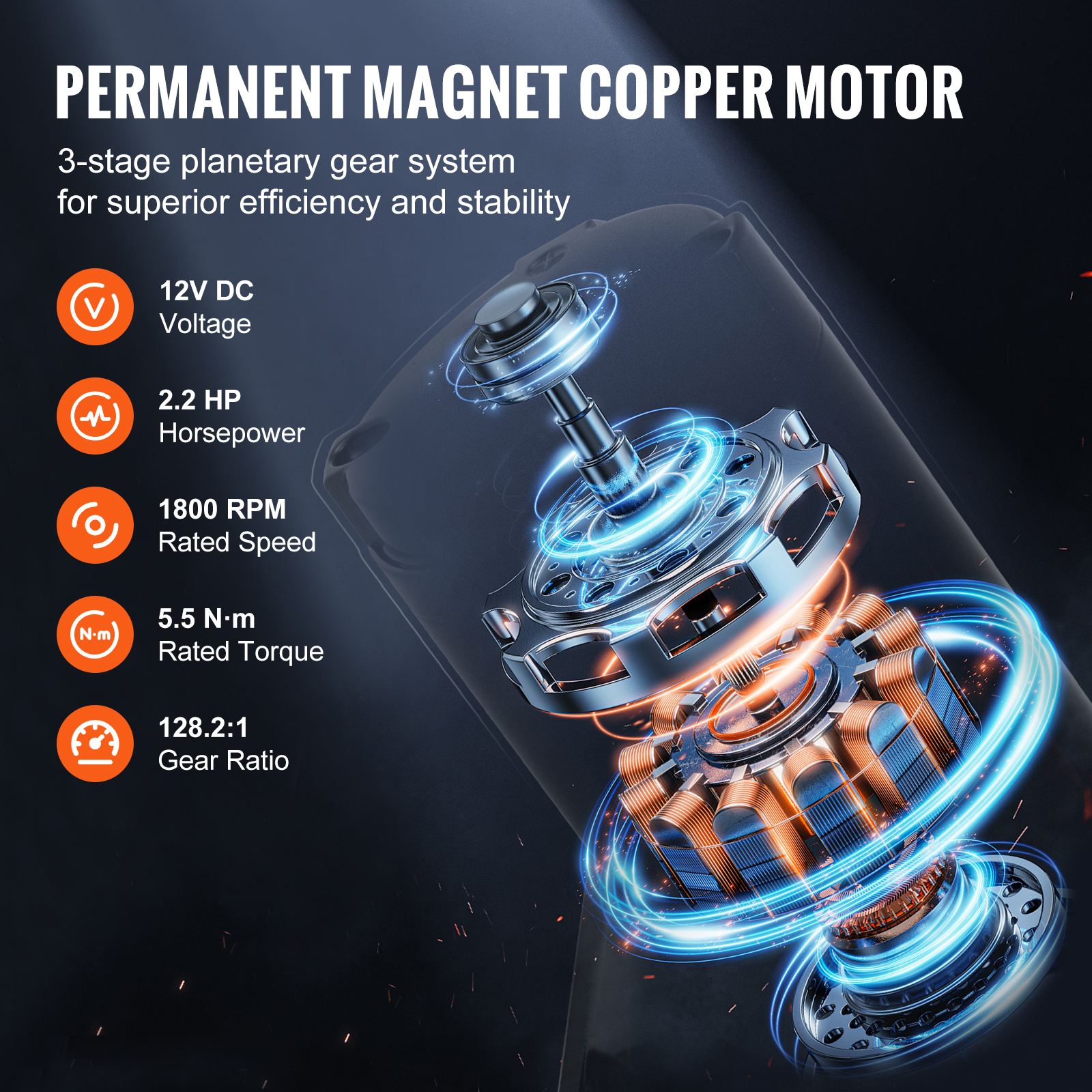 Motor de cobre de imán permanente con 12V DC, 2.2 HP, 1800 RPM, 5.5 Nm, relación de 128.2:1.