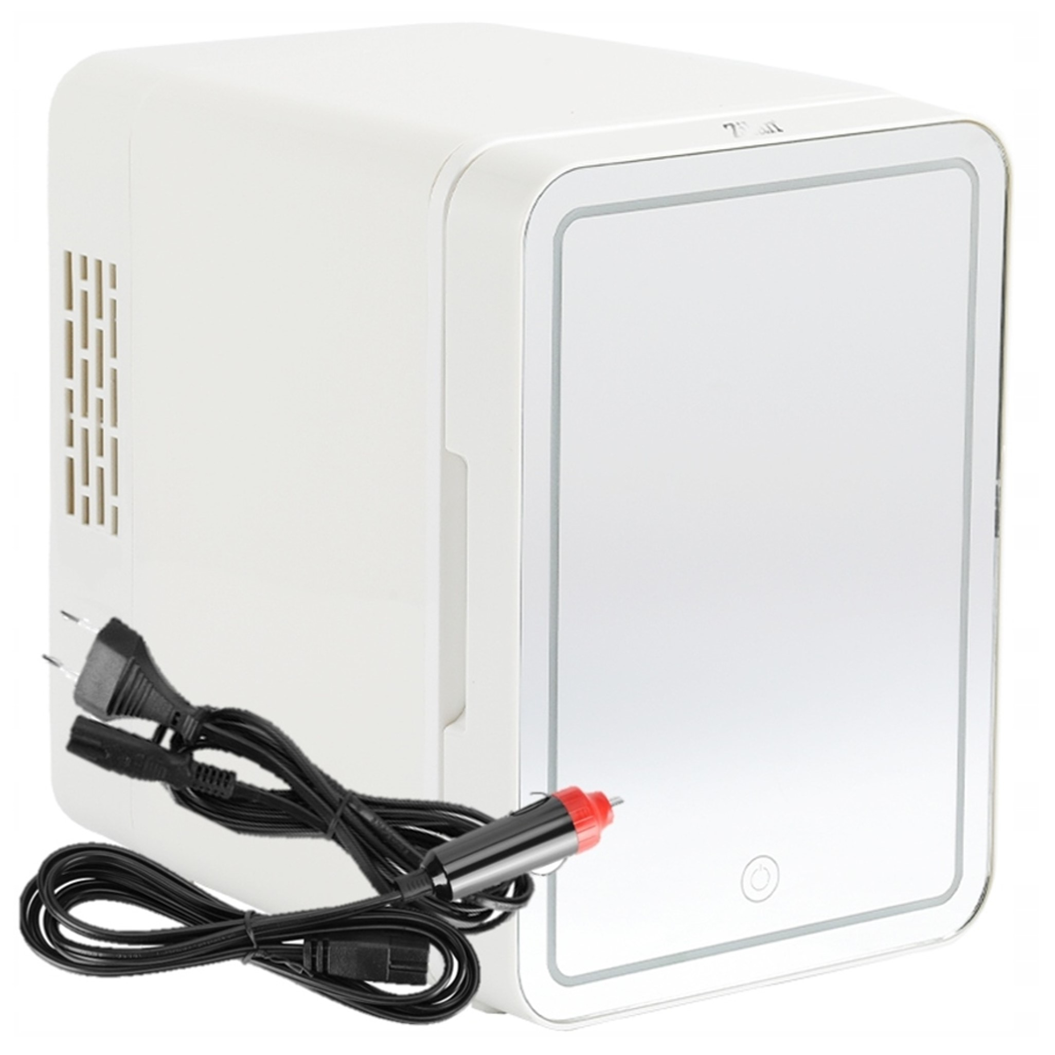 Biała mini lodówka z lustrem i akcesoriami.