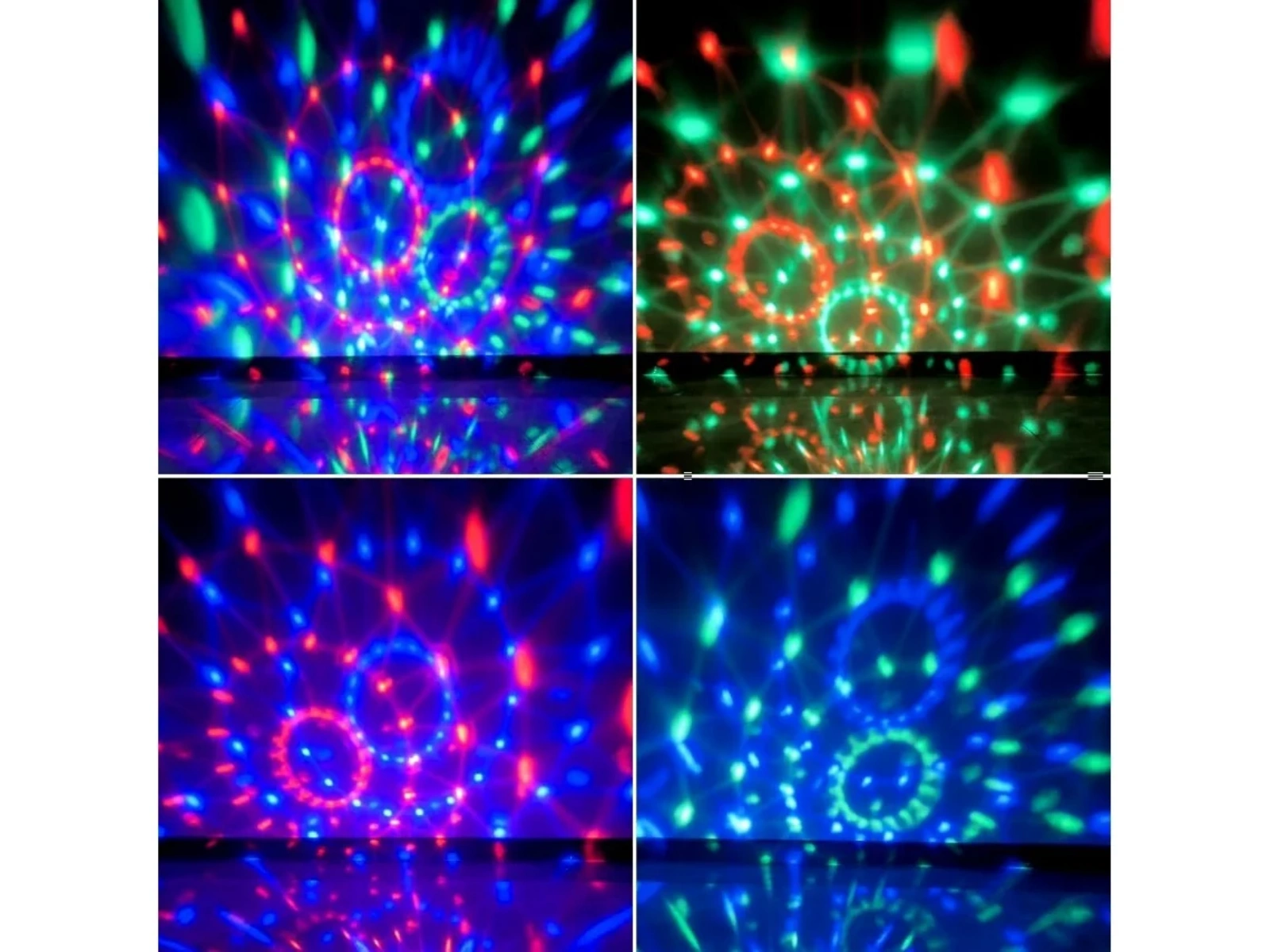 Vier Bilder zeigen bunte Lichtmuster von Disco-Lichtern.