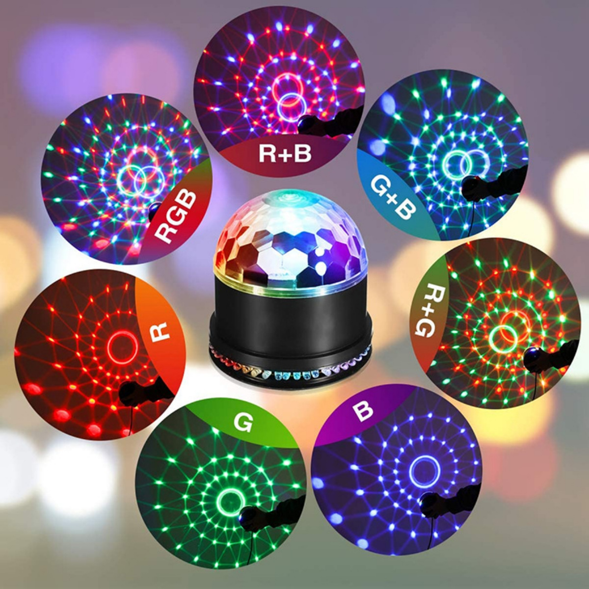 Ein Lichteffektgerät mit einem bunten Disco-Ball-Oberteil und mehreren kreisförmigen Mustern.