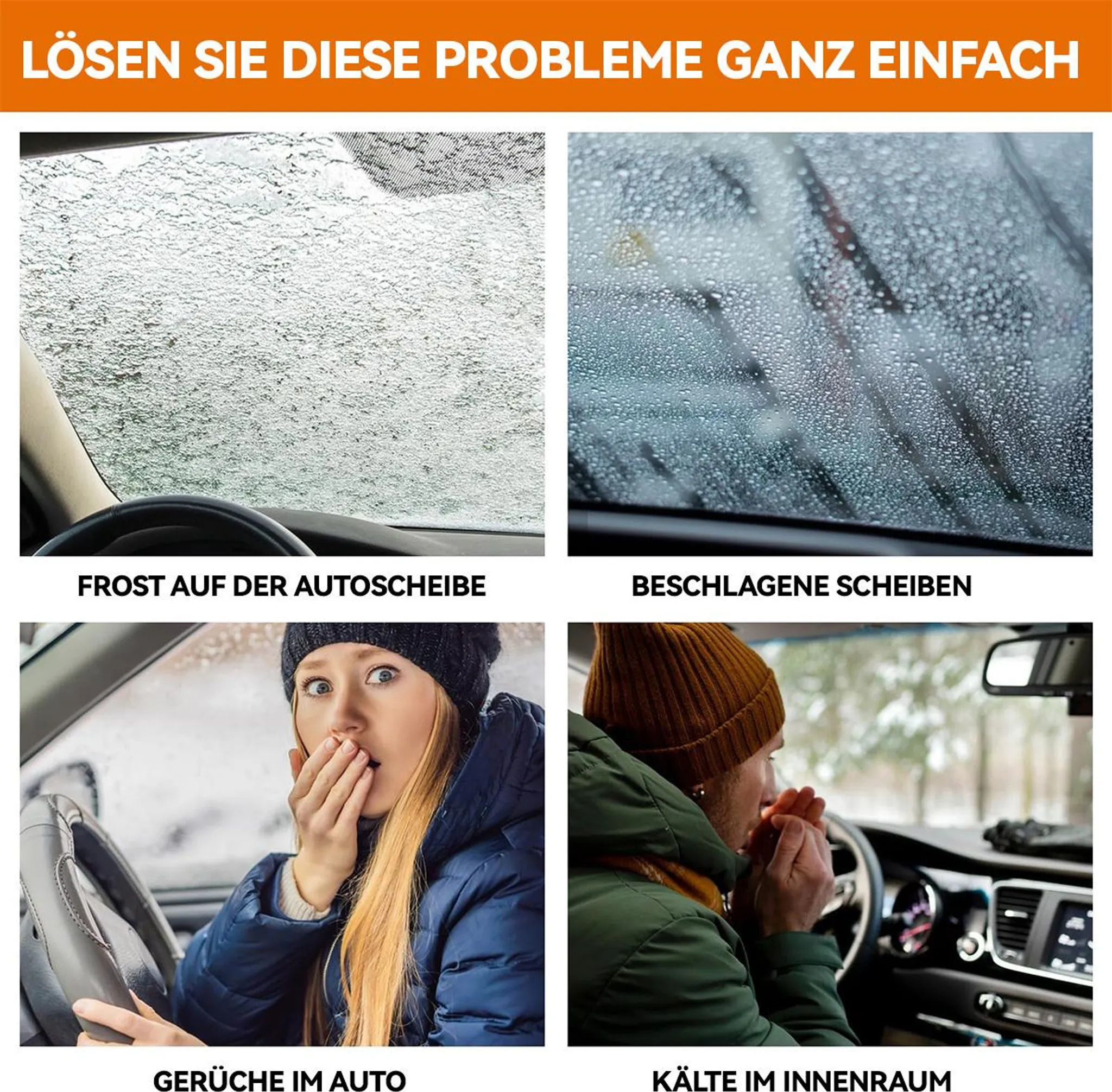 Vier Bilder zeigen Auto-Probleme: Frost, beschlagene Scheiben, Gestank und Kälte.