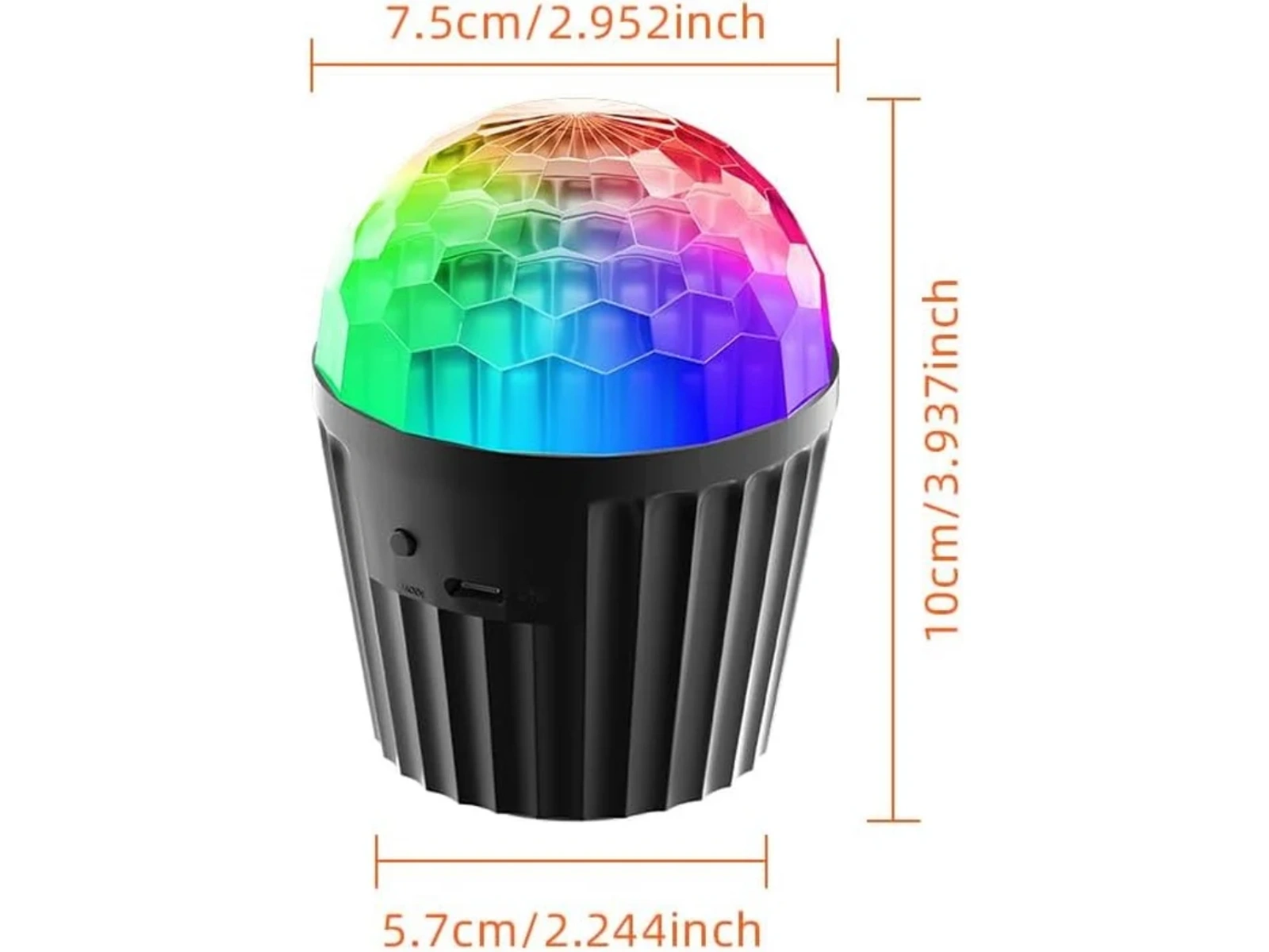 Schwarzlicht mit Regenbogen-LEDs und Maßangaben.