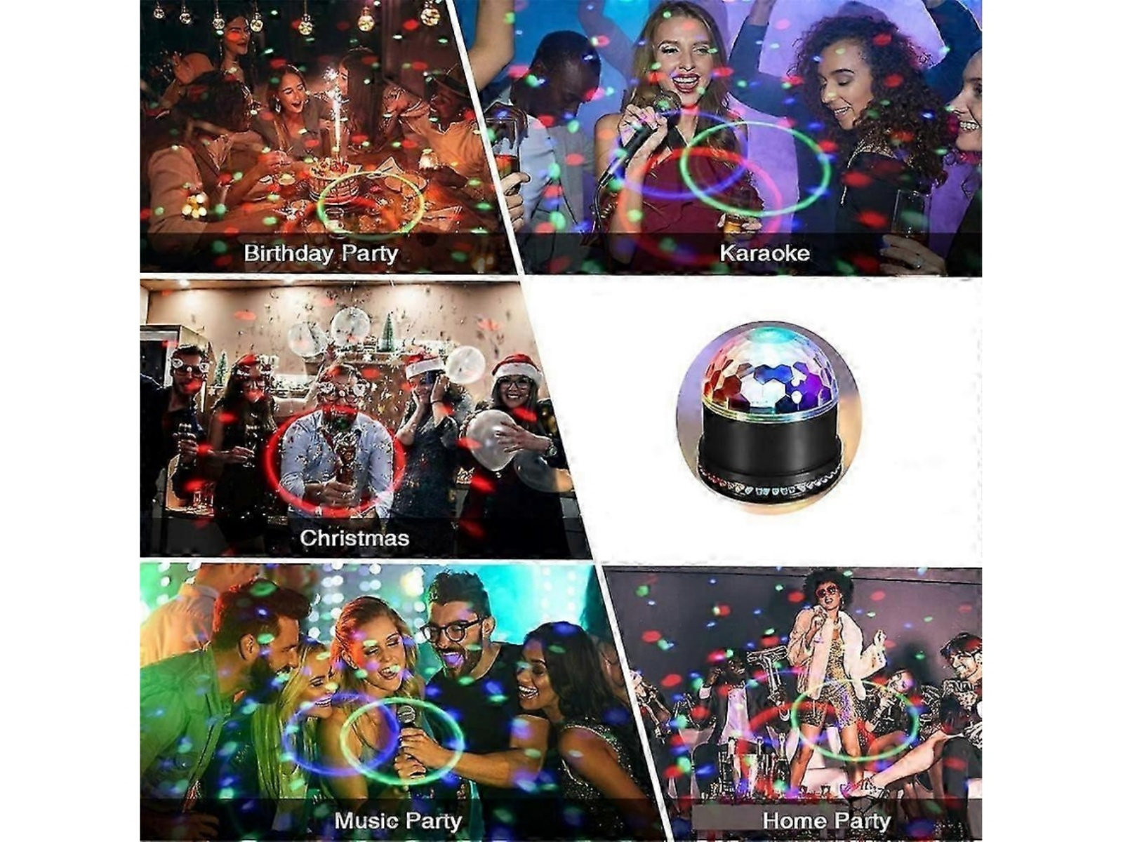 Eine Collage aus Partyszenen: Geburtstag, Karaoke, Weihnachten, Musik und Heimparty mit Lichtern.