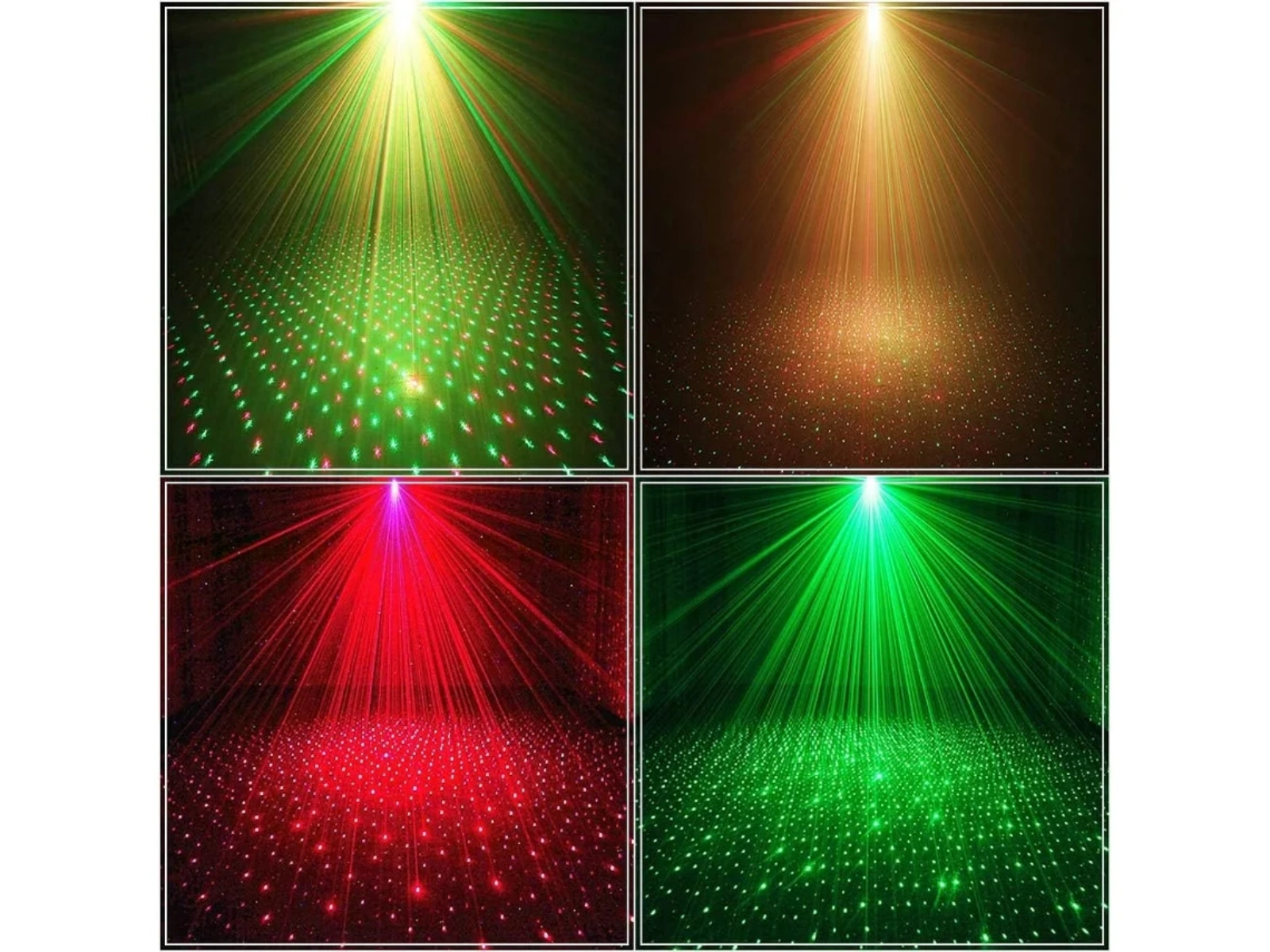 Vier Laserlichtmuster: Rot, Grün, Rot/Grün und Rot/Goldstrahlen auf dunklem Grund.