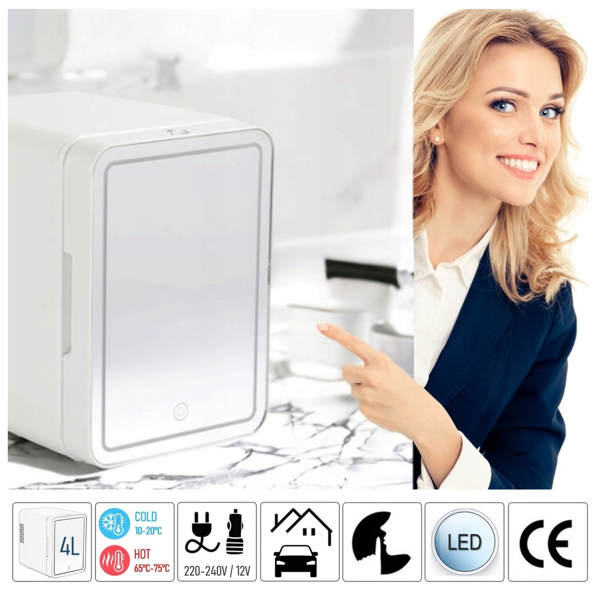 Mała biała lodówka o pojemności 4L obok kobiety i ikon.