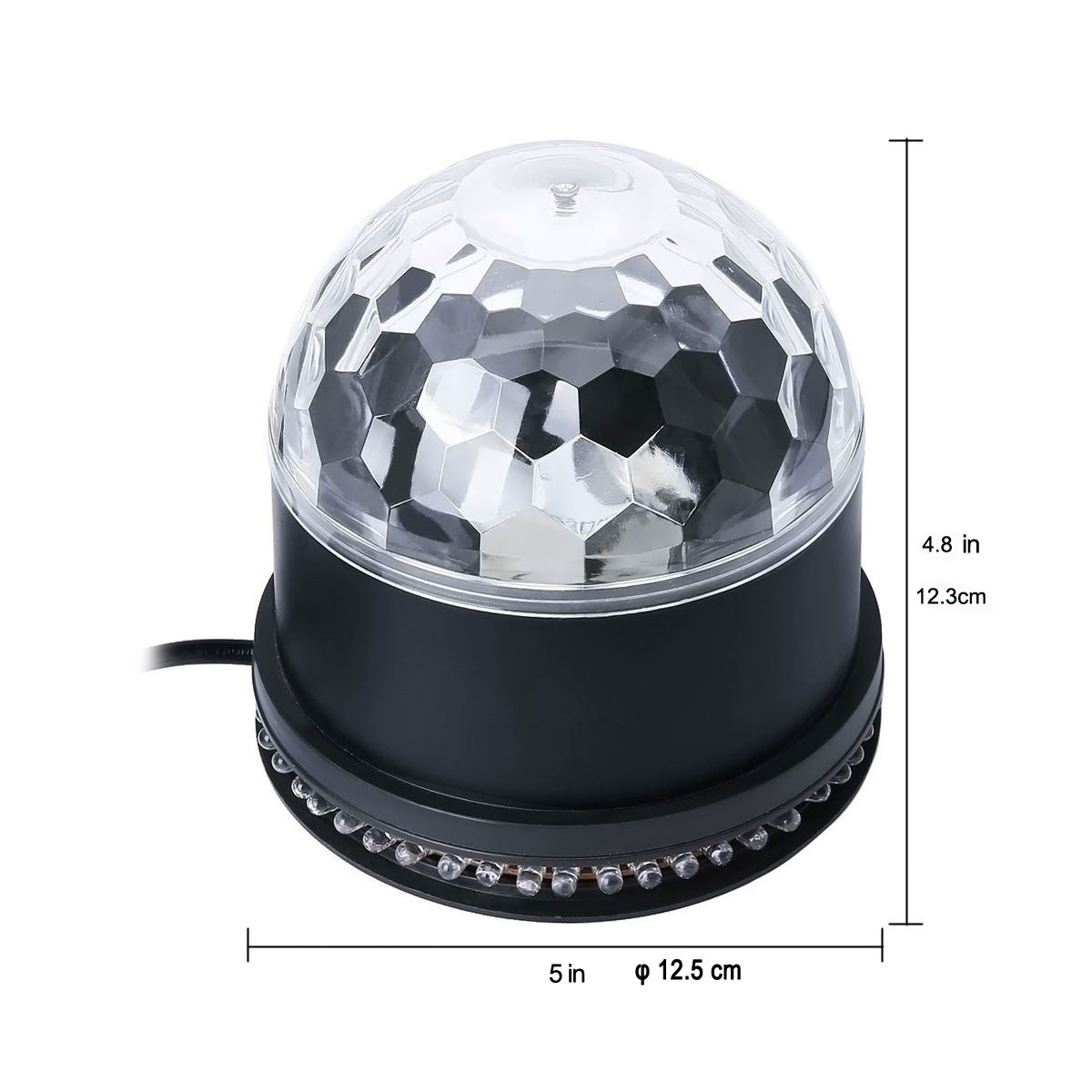 Eine schwarze Discokugel-Lampe mit Facettenoberseite und LED-Basis.