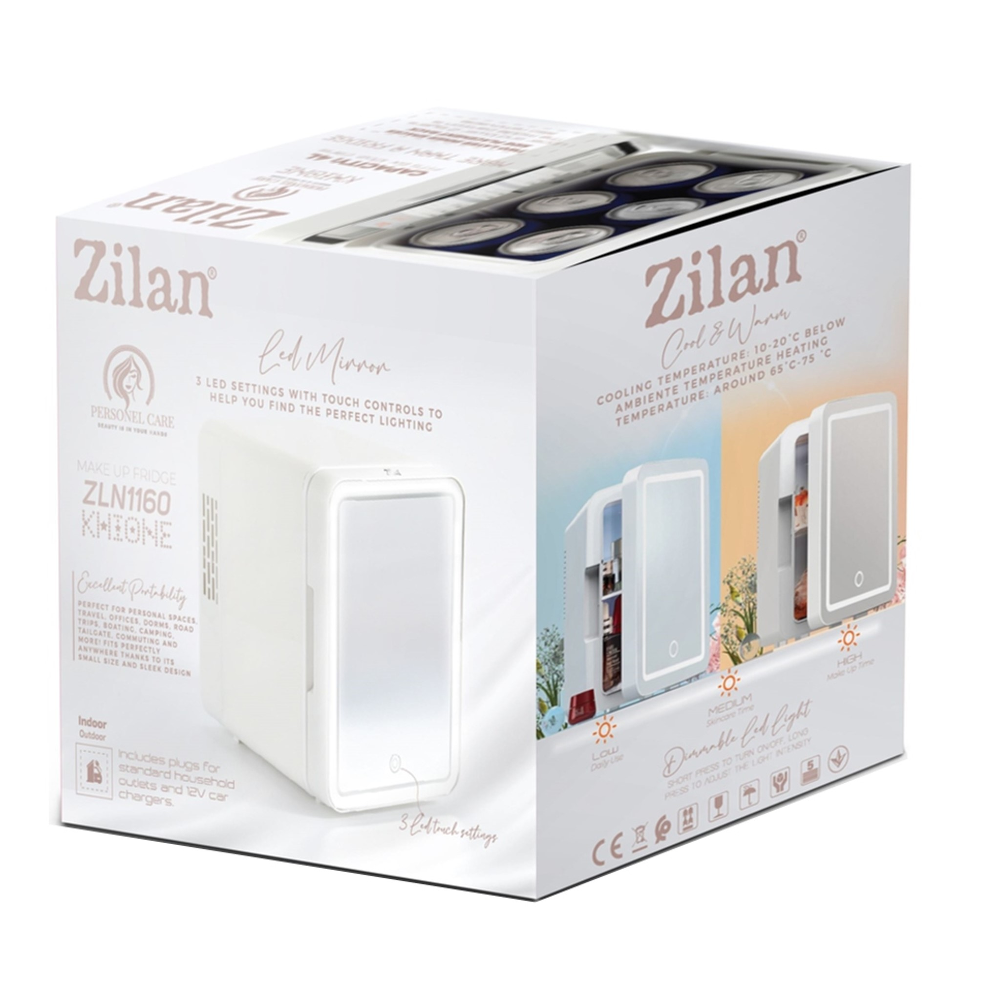 Lodówka do makijażu Zilan z lustrem LED i sterowaniem dotykowym.