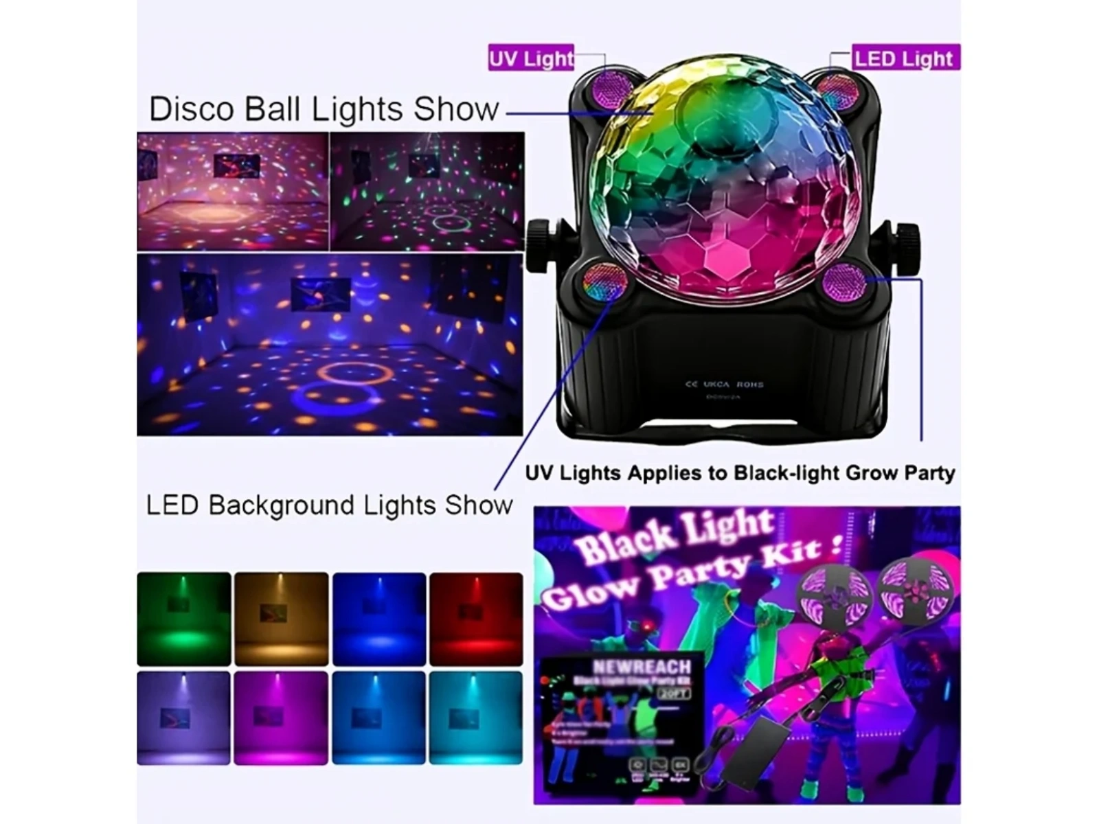 Ein Disco-Ball-Licht, verschiedene LED-Farben und eine Blacklight-Party-Kit-Verpackung.