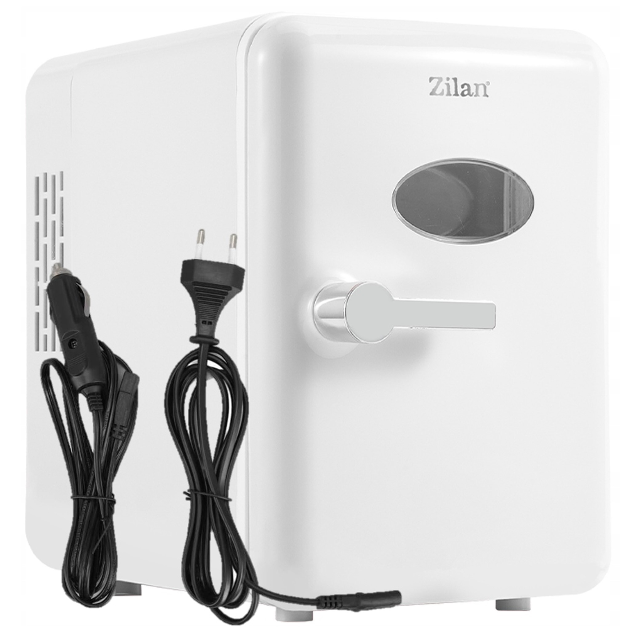 Biała mini lodówka z logo Zilan, srebrnym uchwytem i kablami zasilającymi.
