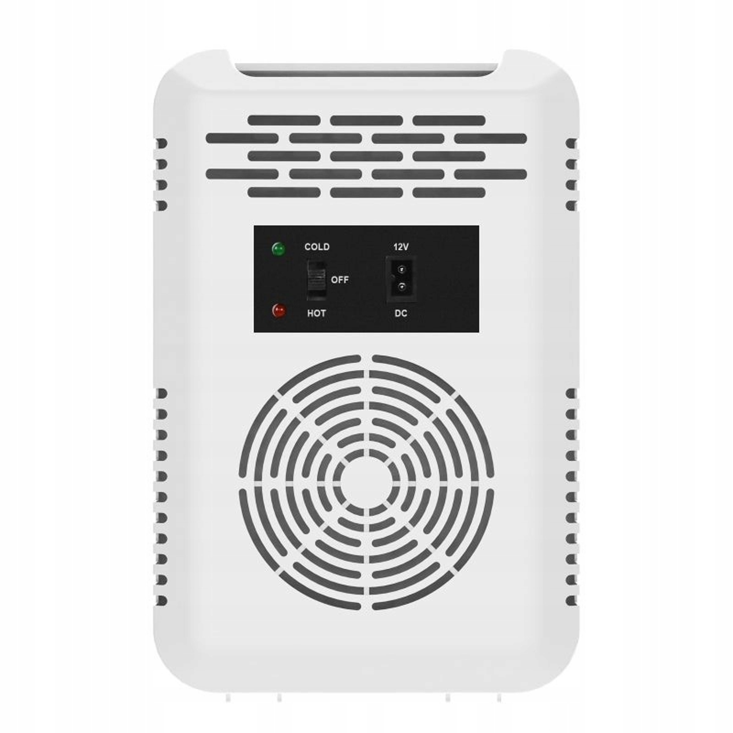 Białe urządzenie chłodząco-grzewcze z otworami wentylacyjnymi, sterowaniem i kratką wentylatora.