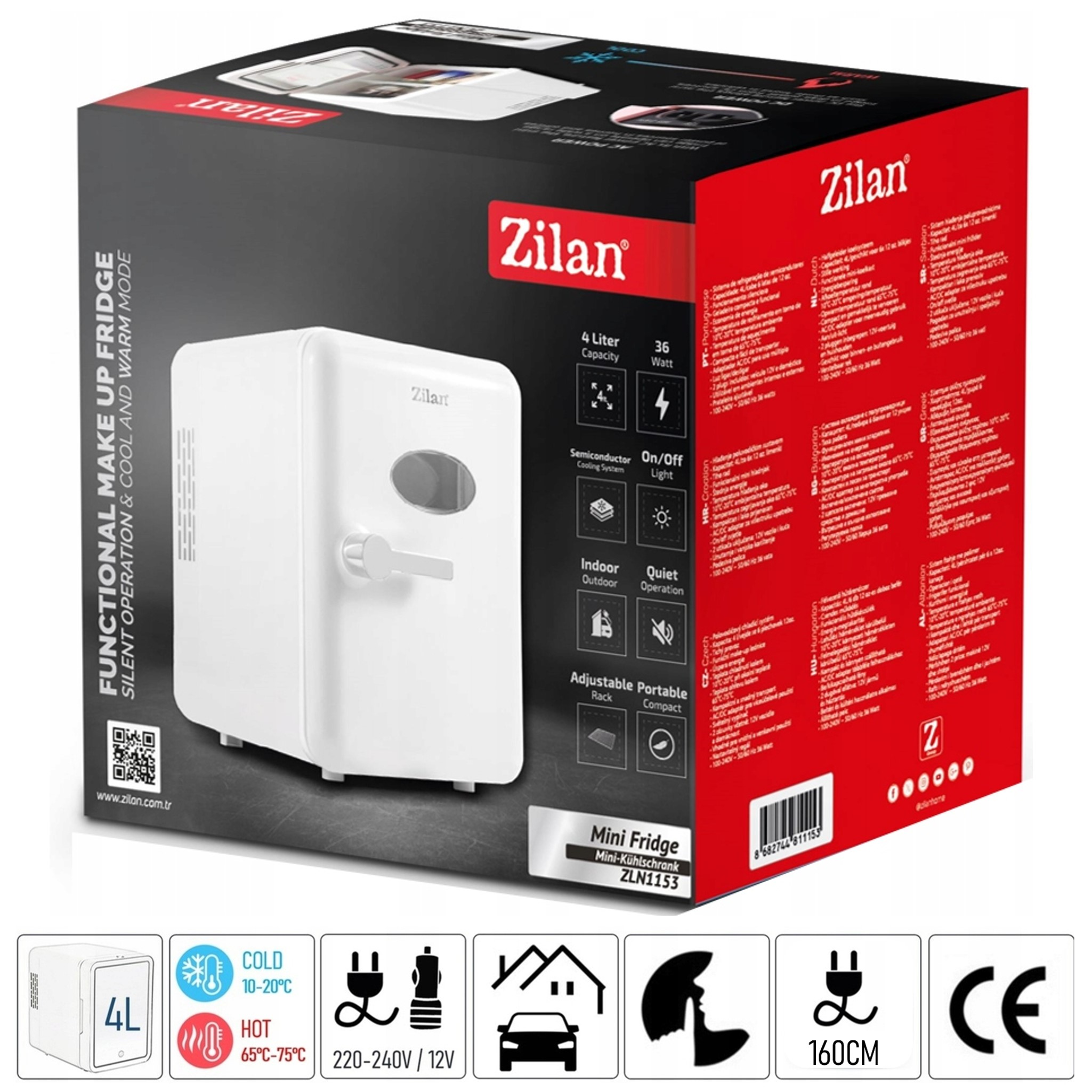 Biała mini lodówka Zilan o pojemności 4L na opakowaniu.