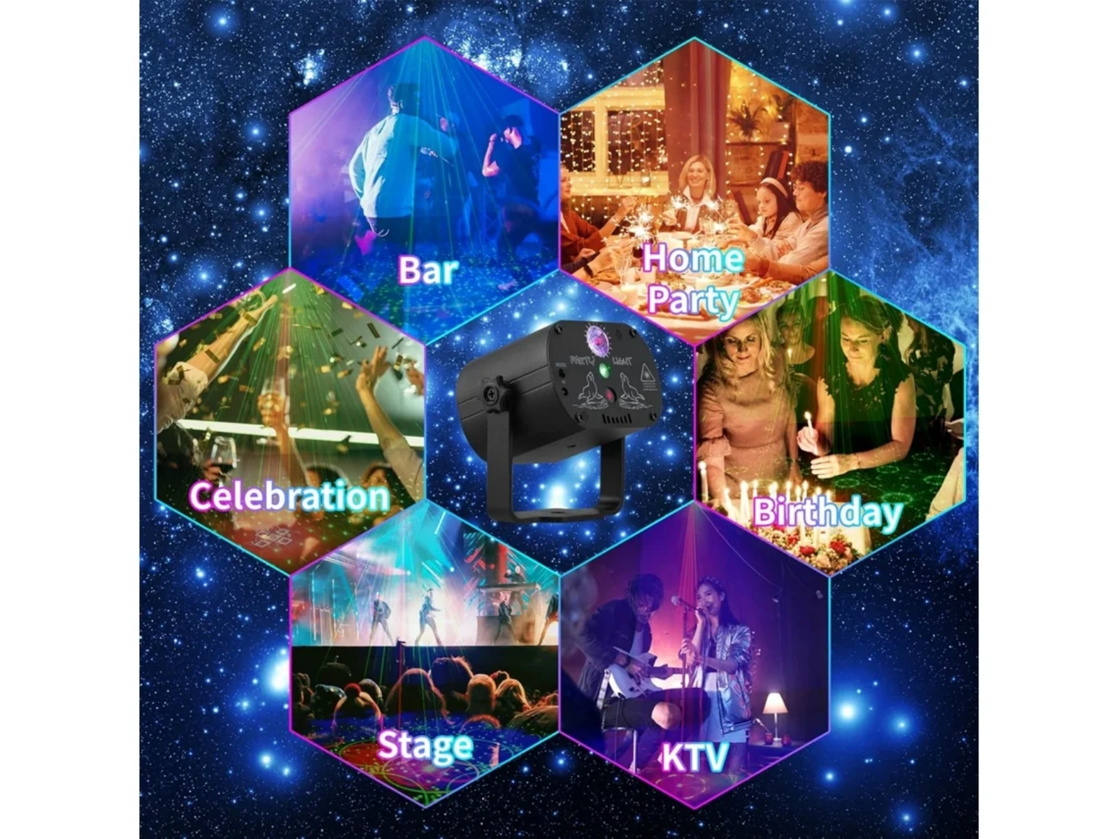 Ein Lichteffektgerät mit verschiedenen Szenarien: Bar, Hausparty, Geburtstag, Bühne, KTV und Feier.