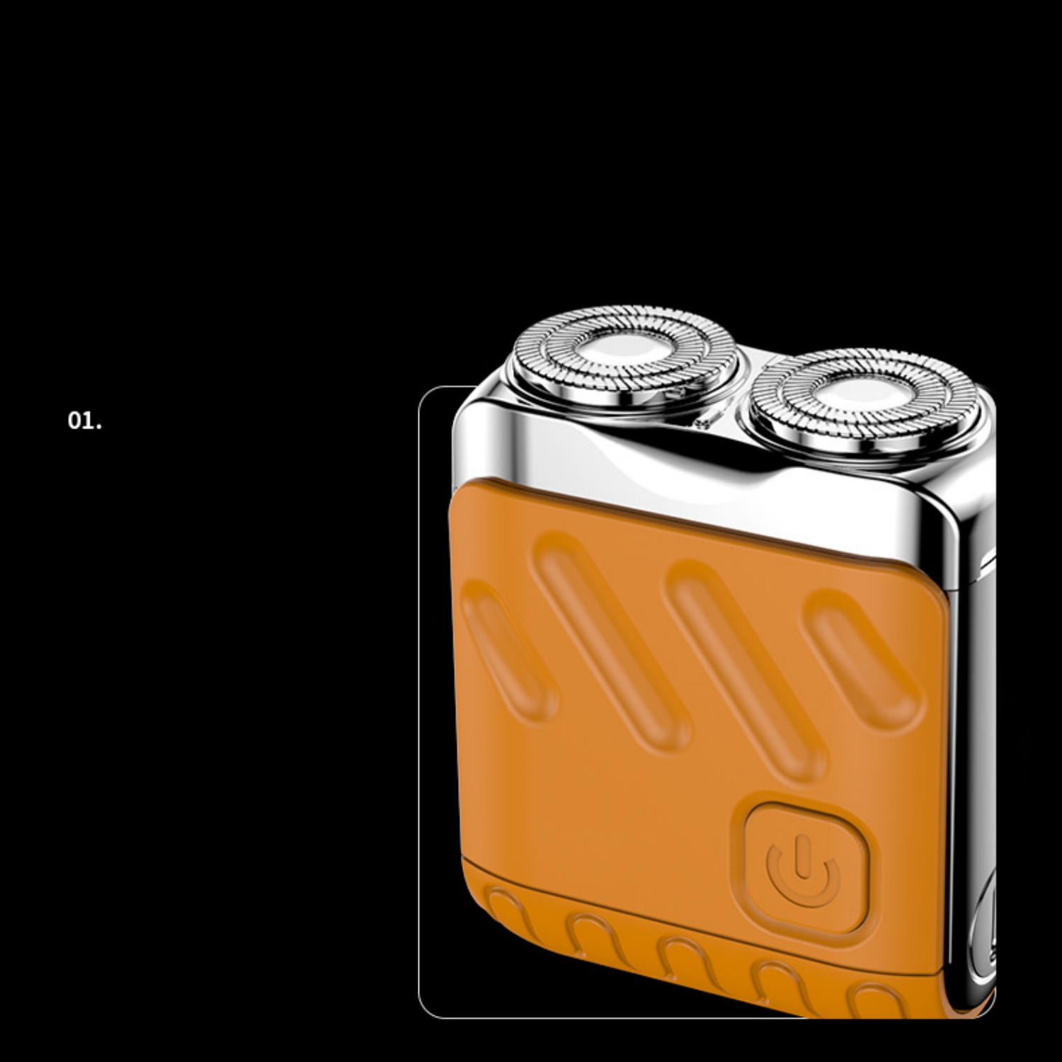 Ein orangefarbener Elektrorasierer mit zwei silbernen Schneidköpfen und einem Power-Button.