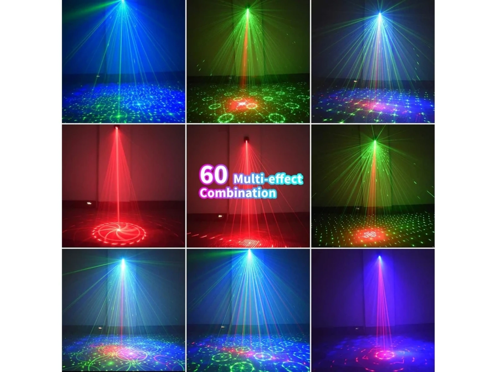 Laserlichteffekte in Rot, Grün und Blau auf dunklem Boden.