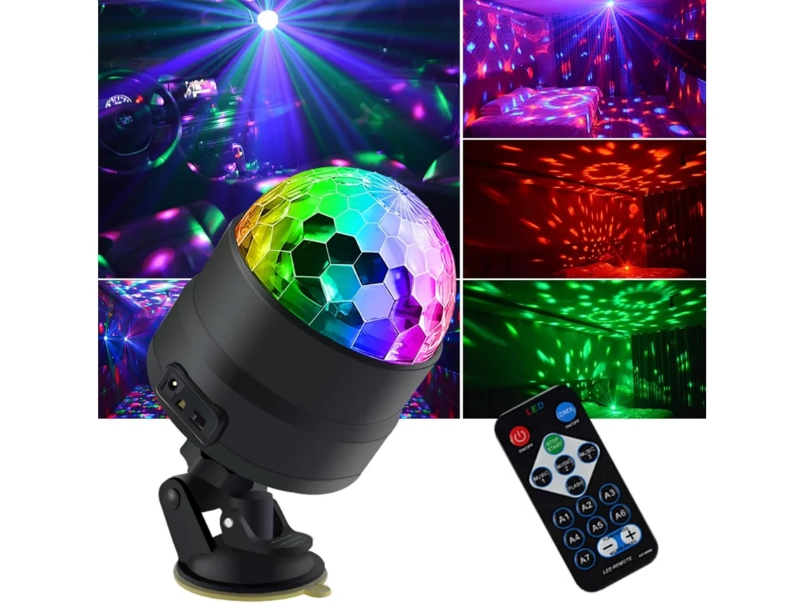 Bunte Discokugel mit Fernbedienung und Lichteffekten in verschiedenen Räumen.