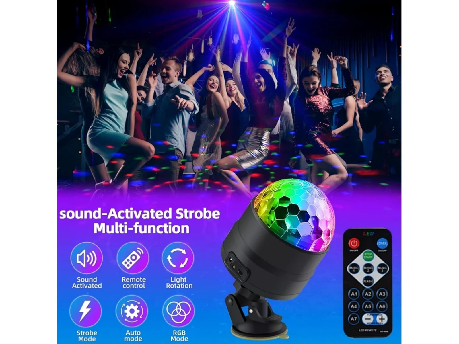 Leute tanzen zu Lichteffekten eines bunten, sich drehenden Disco-Balls und einer Fernbedienung.
