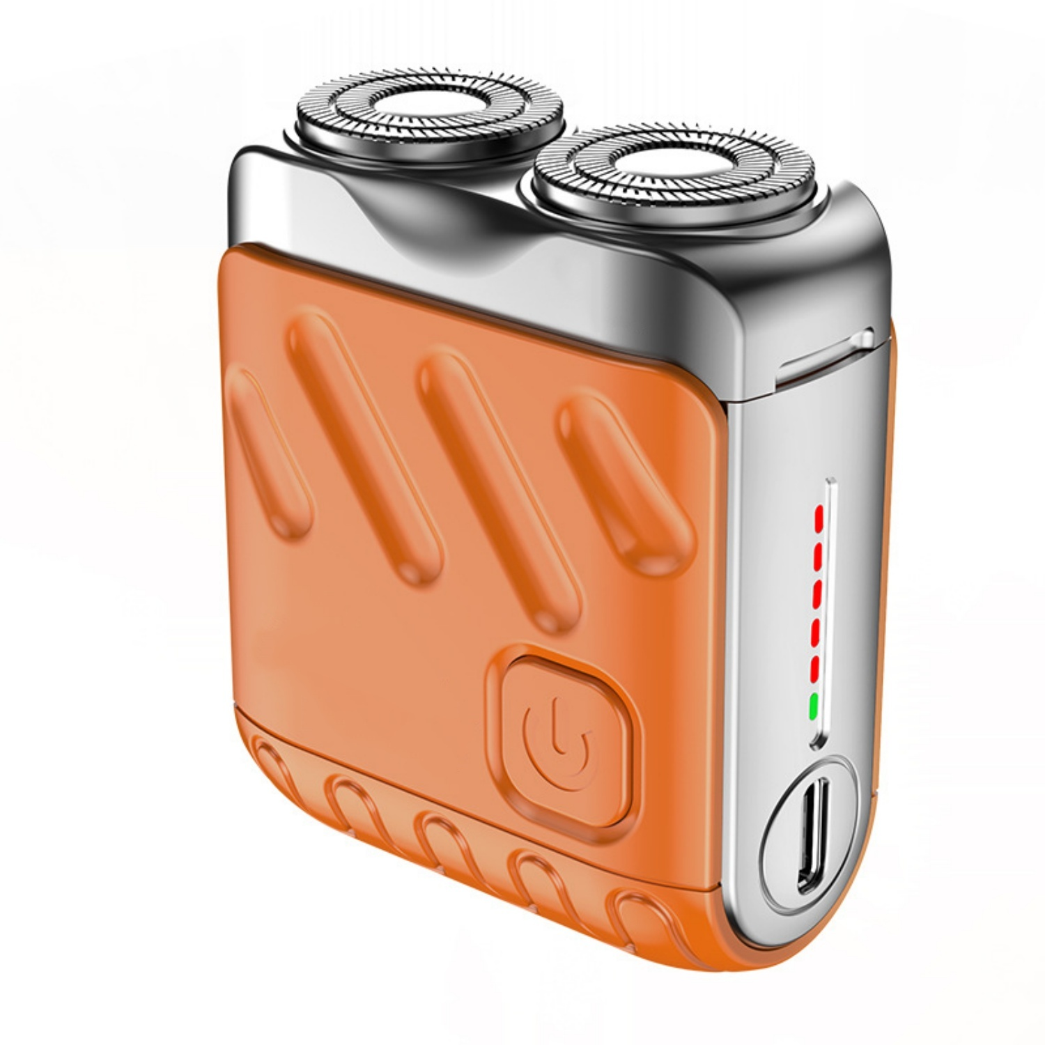 Orange Elektrorasierer mit zwei Scherköpfen und Ladeanzeige.