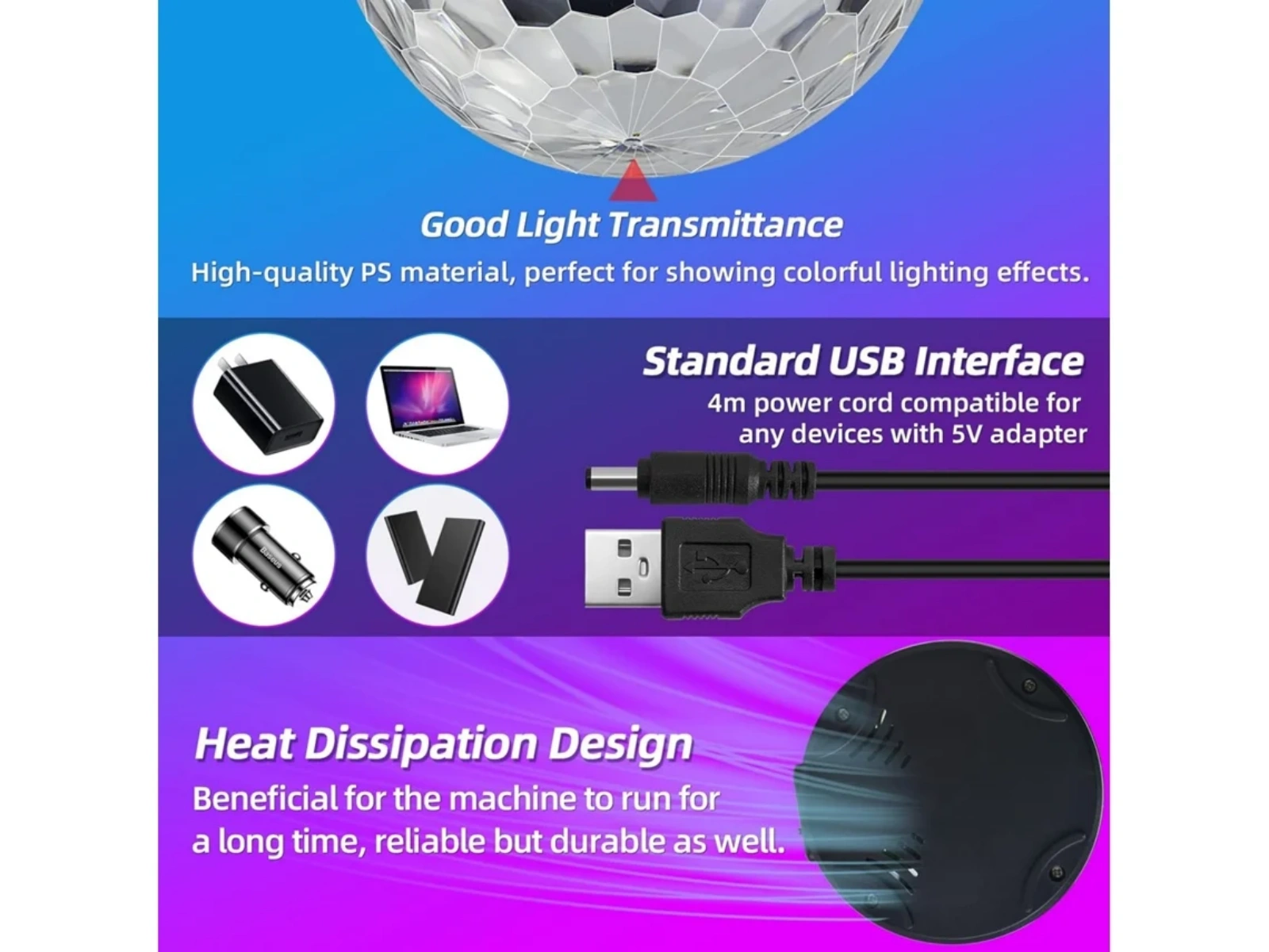 Disco-Kugel, USB-Kabel, Netzteil, Laptop, Autoladegerät, Powerbank und Lüftungsgitter.