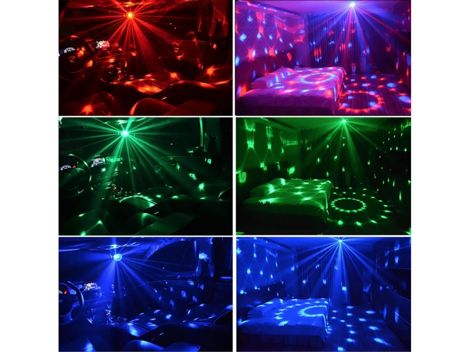 Autoinnenraum und Schlafzimmer mit roten, grünen und blauen Discokugellichtern.