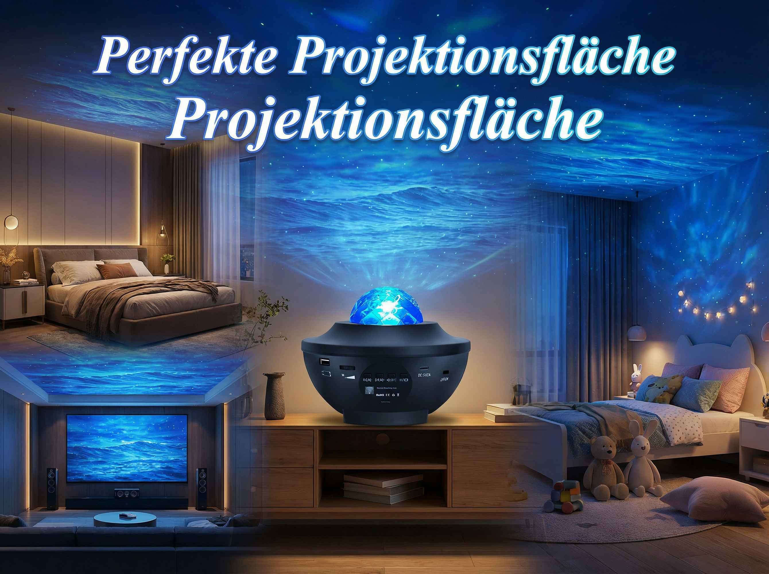Ein Sternenprojektor erzeugt Wellen und Sterne auf der Decke und den Wänden eines Schlafzimmers.