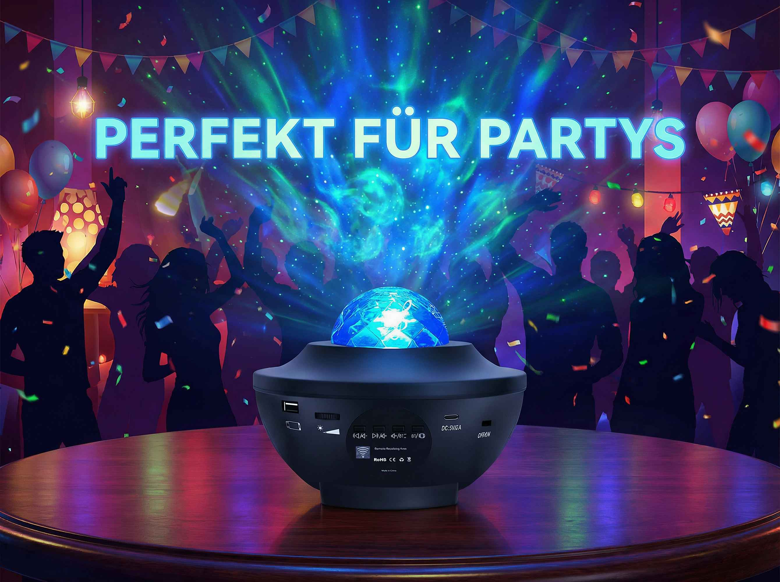 Sternenlichtprojektor mit tanzenden Silhouetten und Konfetti, perfekt für Partys.