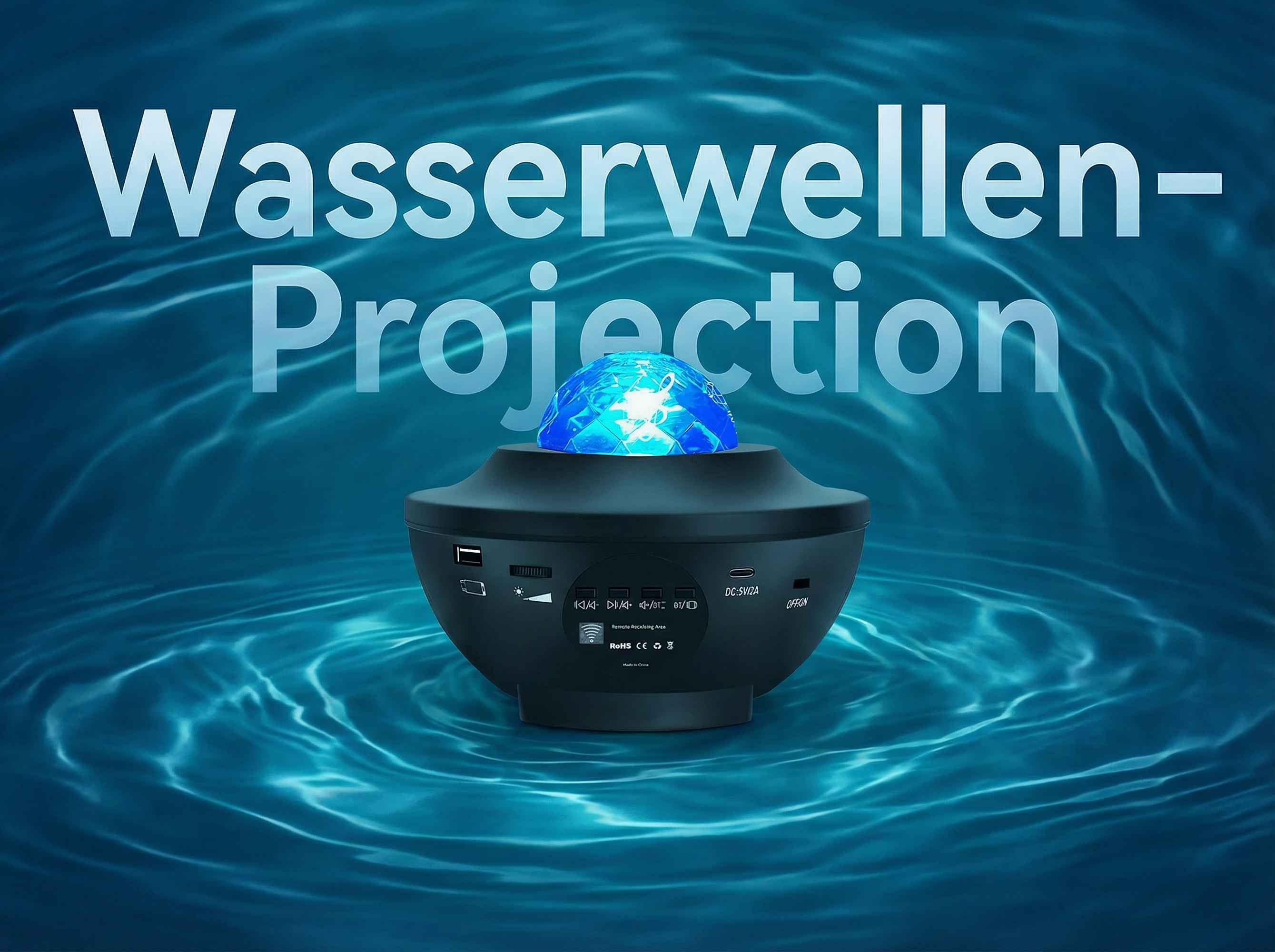 Ein schwarzer Projektor mit blauem Licht auf einer Wasserwellen-Oberfläche.