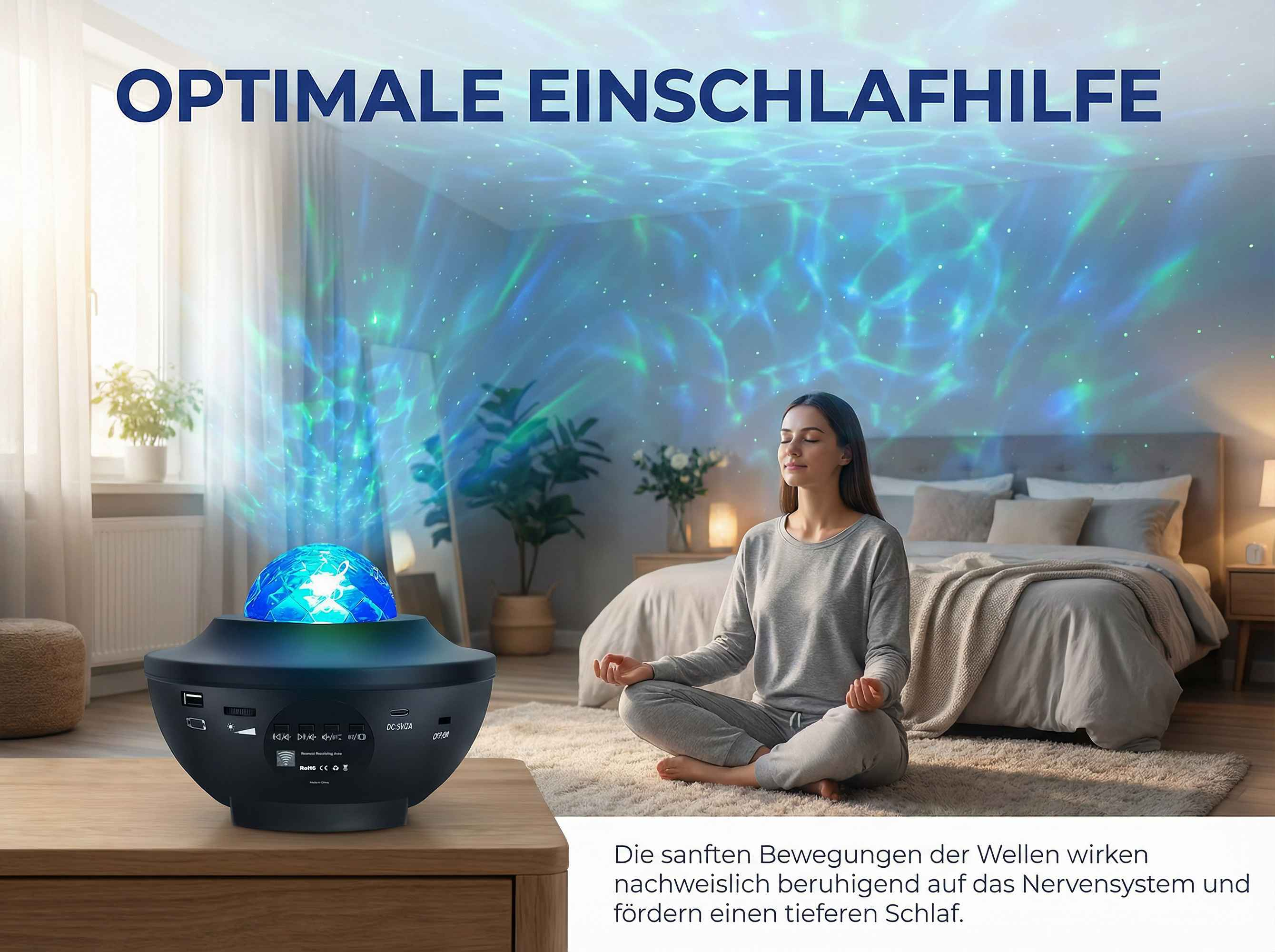 Eine Frau meditiert im Schlafzimmer, während ein Sternenprojektor Wellen an die Decke wirft.