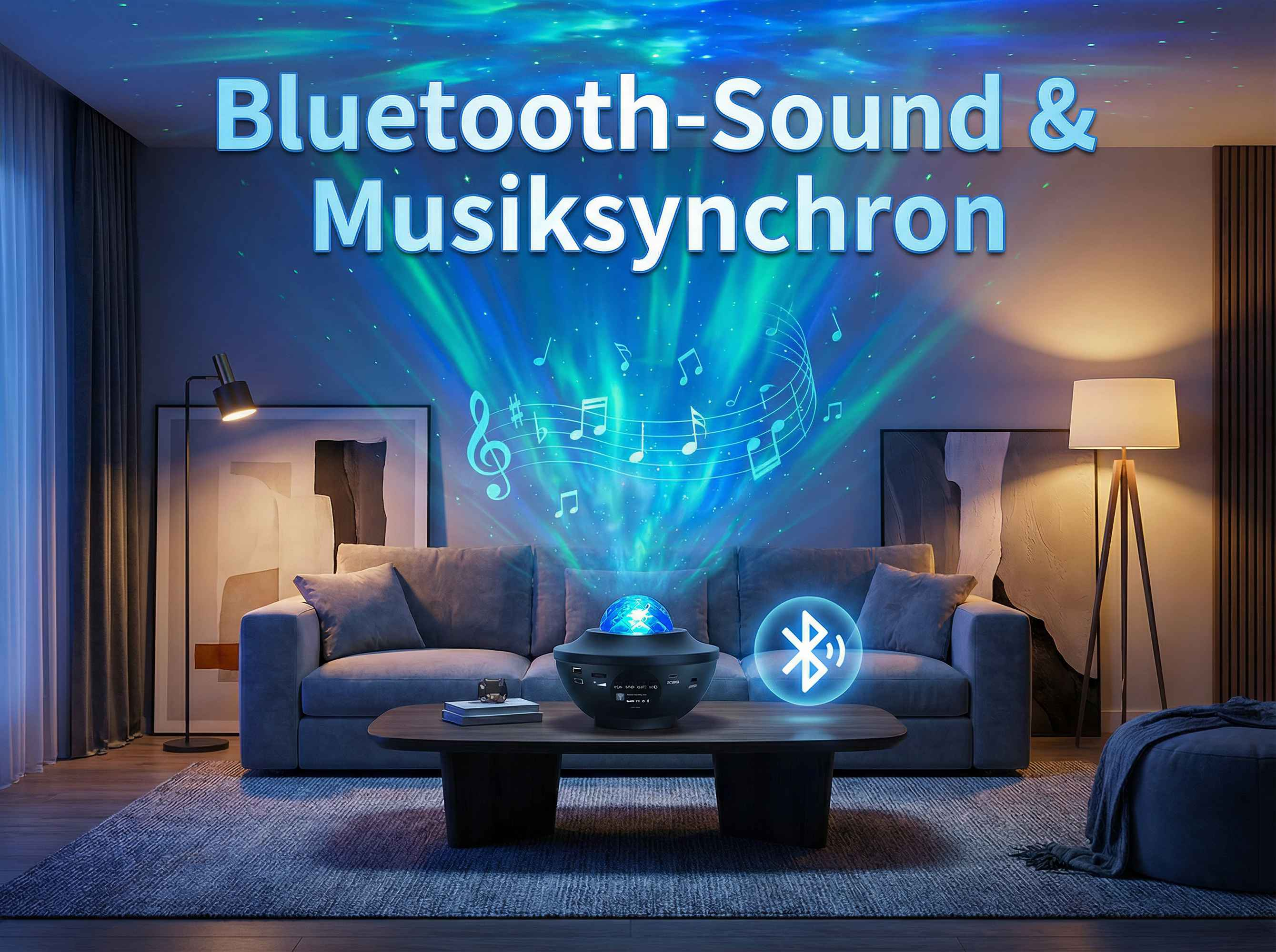 Ein Sternenhimmel-Projektor mit Musiknoten beleuchtet ein Wohnzimmer.