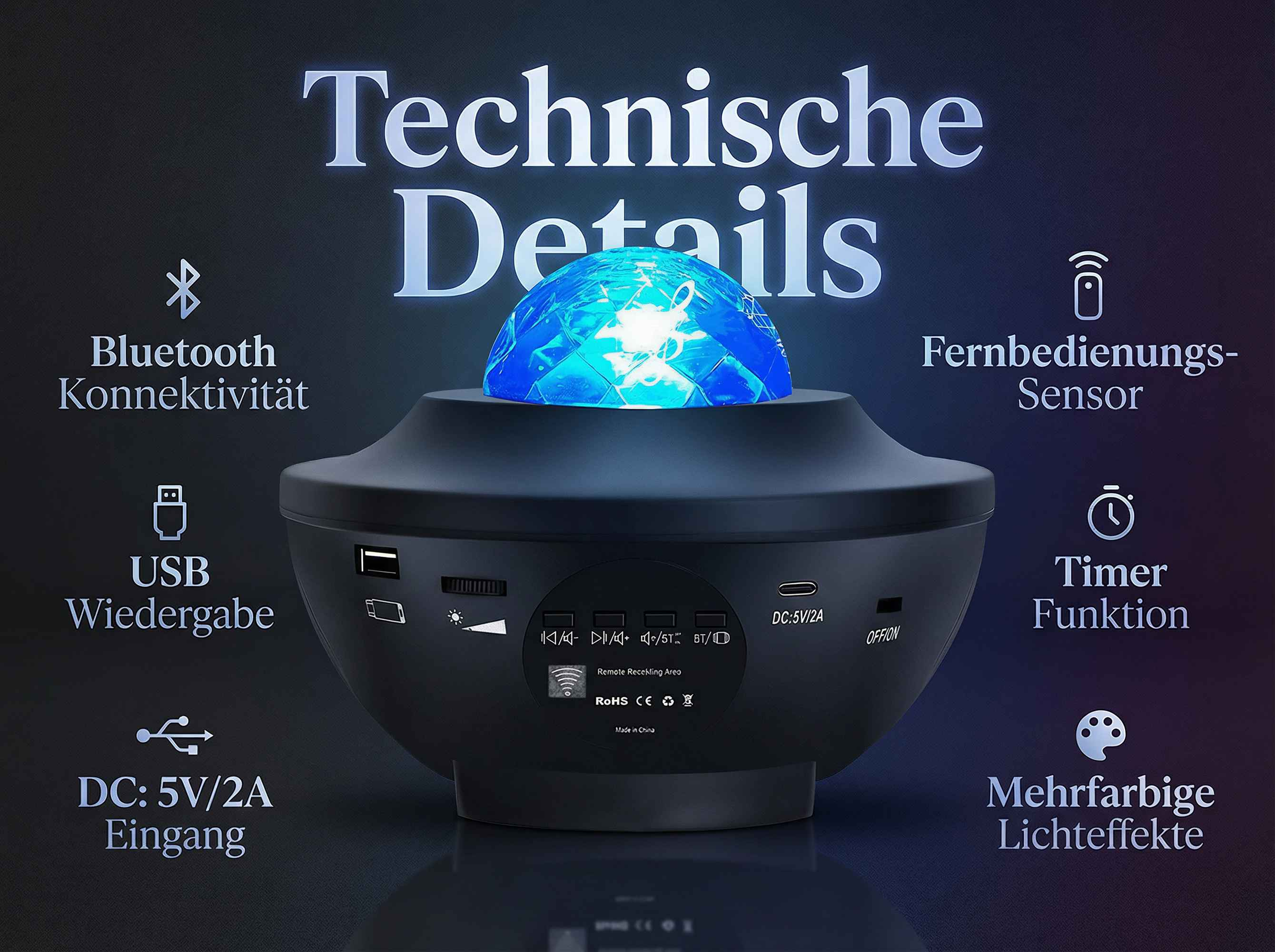 Ein schwarzer Projektor mit blauem Licht, Bluetooth, USB, Timer.