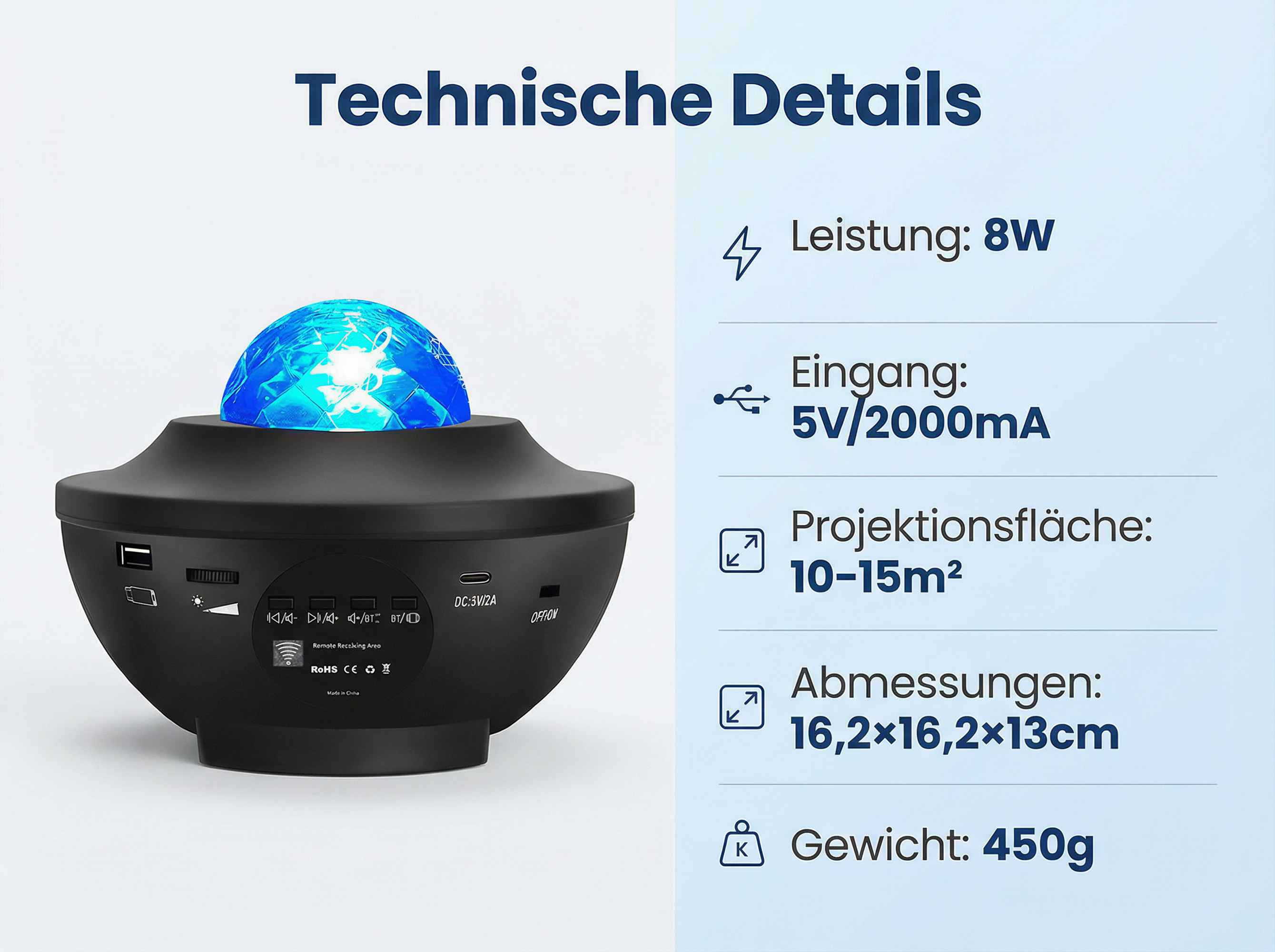 Schwarzer Sternenprojektor mit blauer Glaskugel, technische Details.