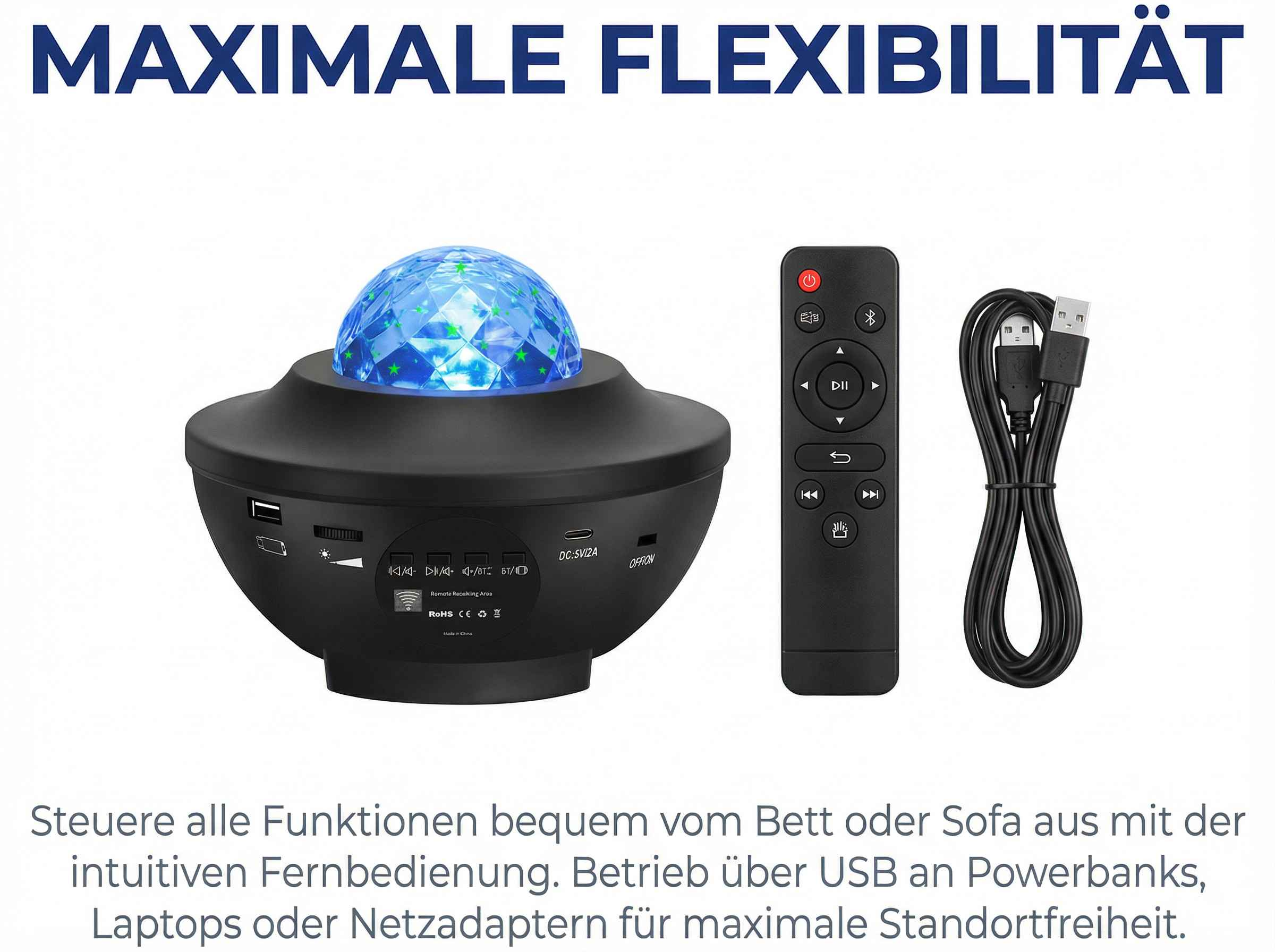 Schwarzer Sternenprojektor mit Fernbedienung und USB-Kabel.