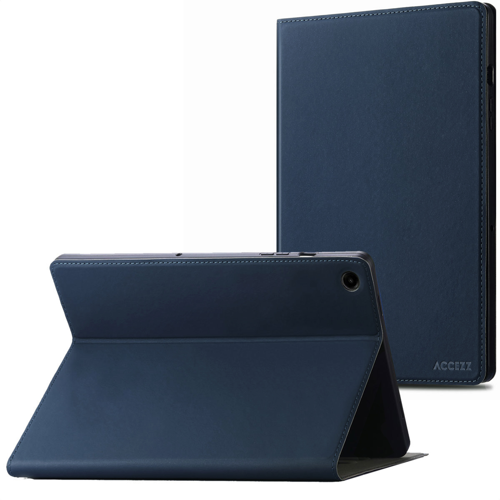 Dark blue tablet case in stand mode with camera cutout.