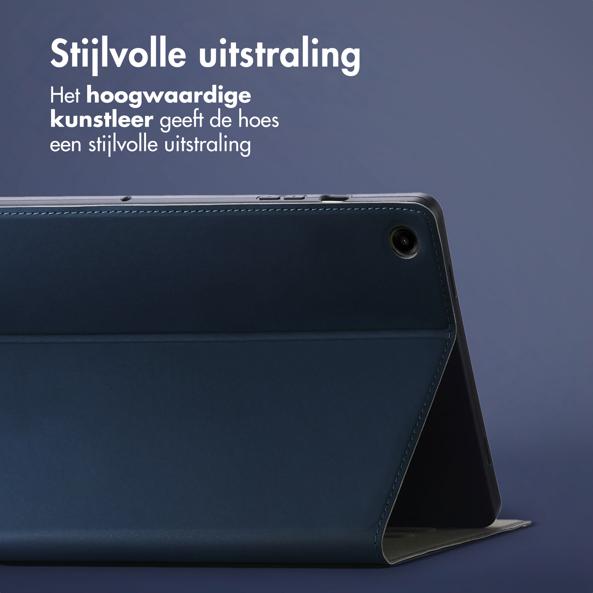 Dark blue tablet with faux leather case, close-up of the back with camera.