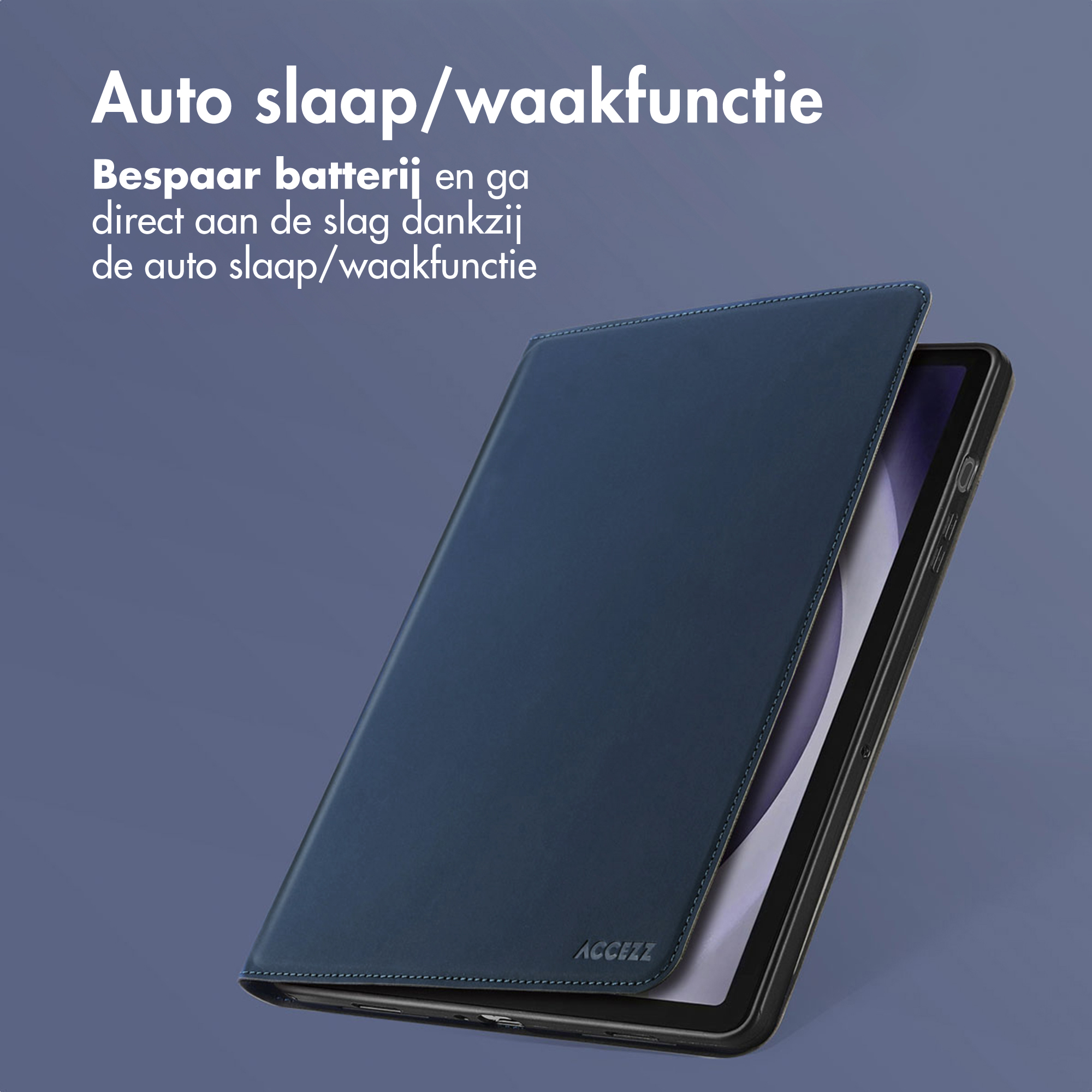 Dark blue tablet with cover, auto sleep/wake function.