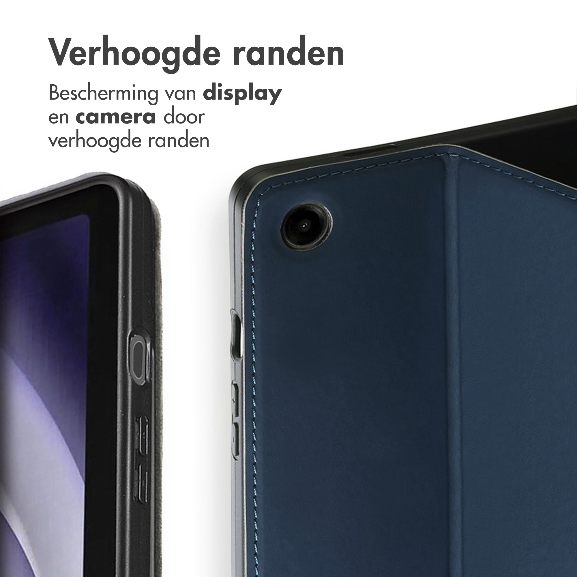 Close-up of a blue tablet cover with raised edges and a camera.