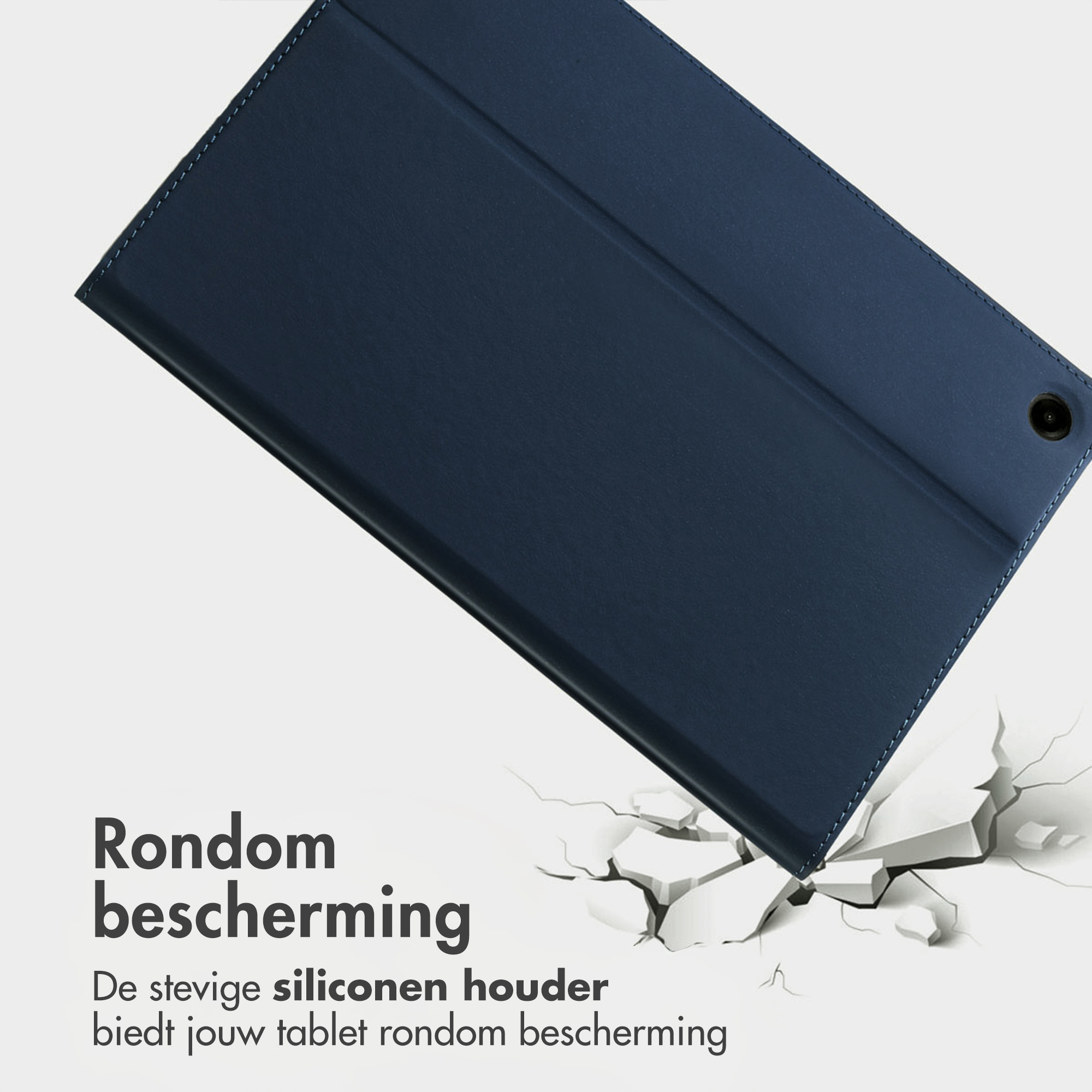 Dark blue leather tablet case with stitching and a camera opening.