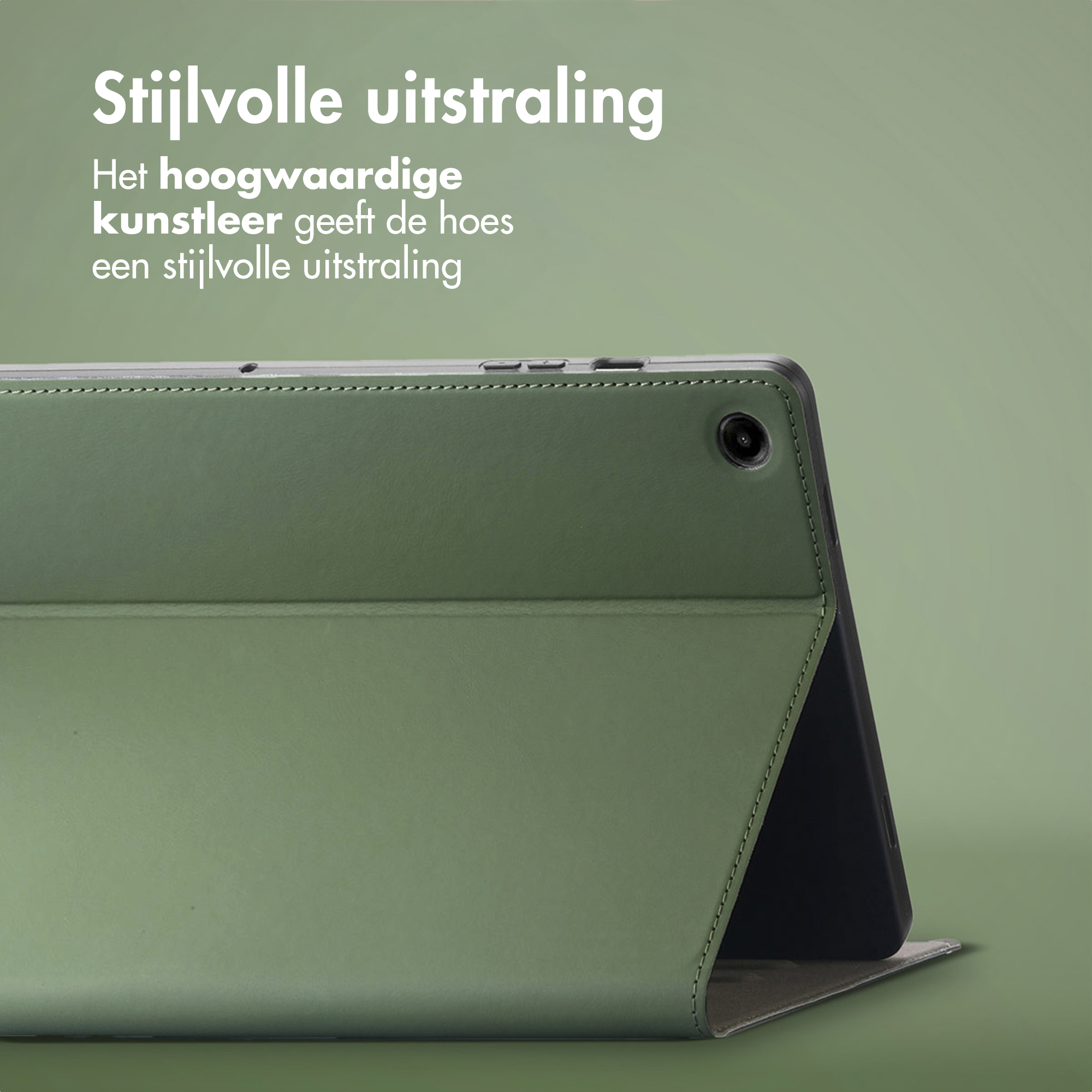A green tablet case with stitching and a rear camera.