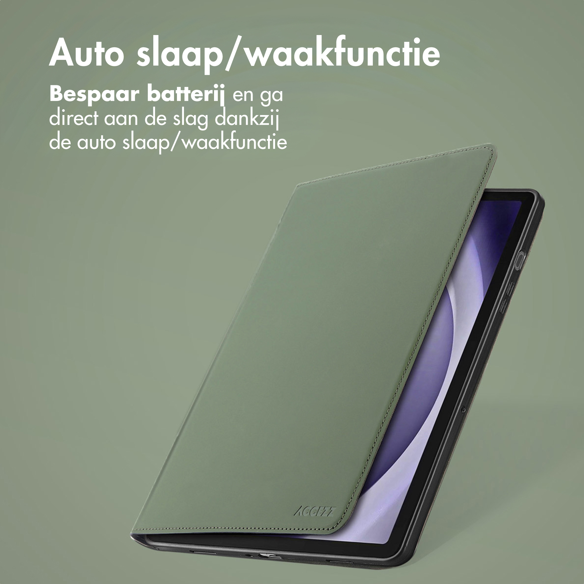 Green tablet case with auto sleep/wake function on a green background.
