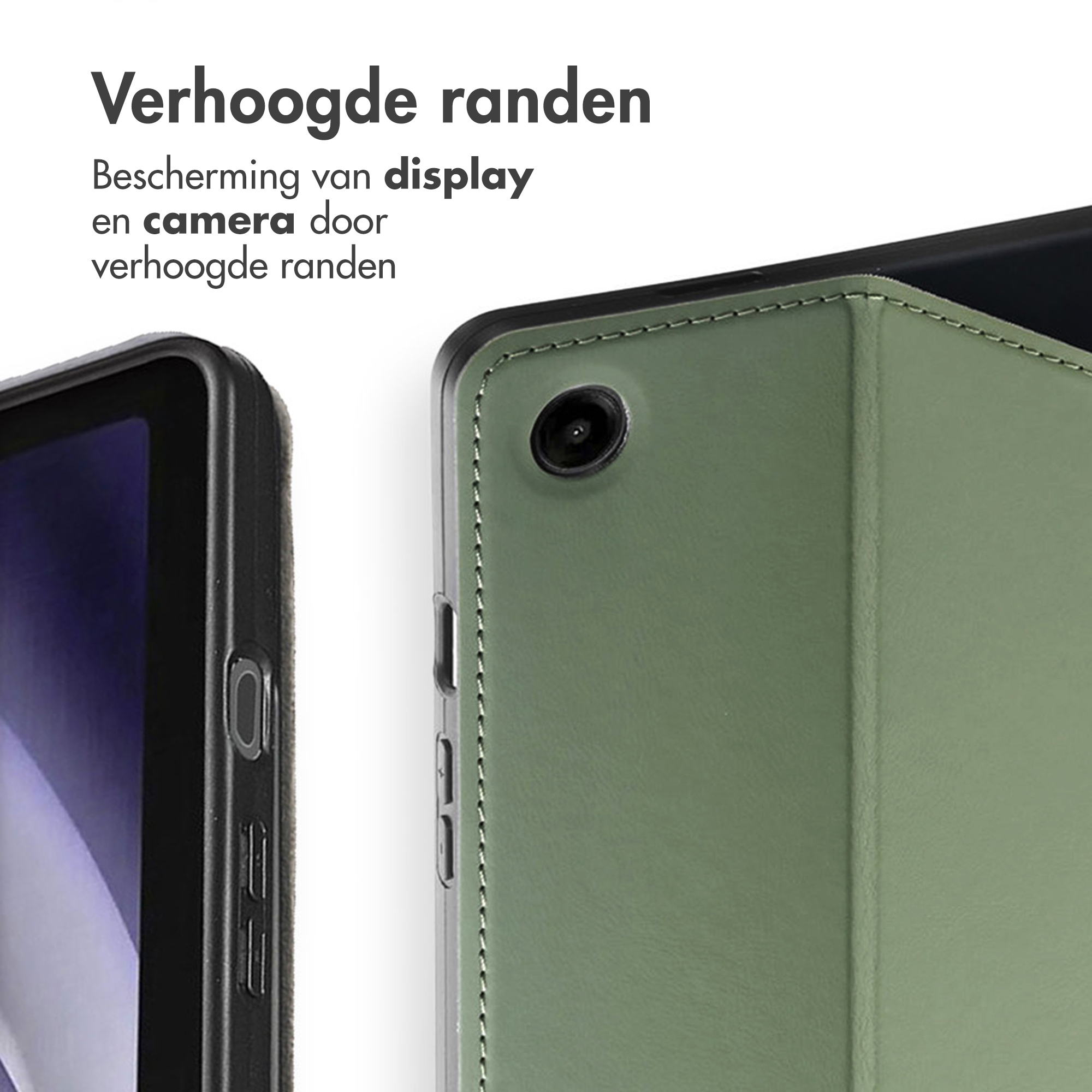 A green tablet case with raised edges protects the display and camera.