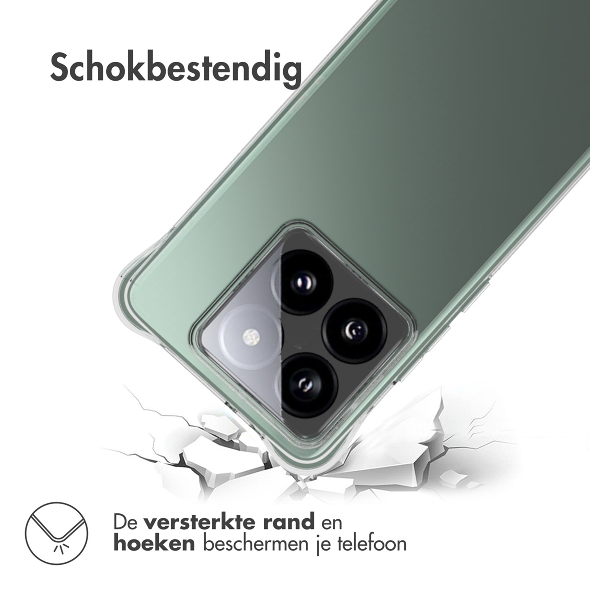 Coque de téléphone verte avec coins renforcés tombant sur fond blanc.
