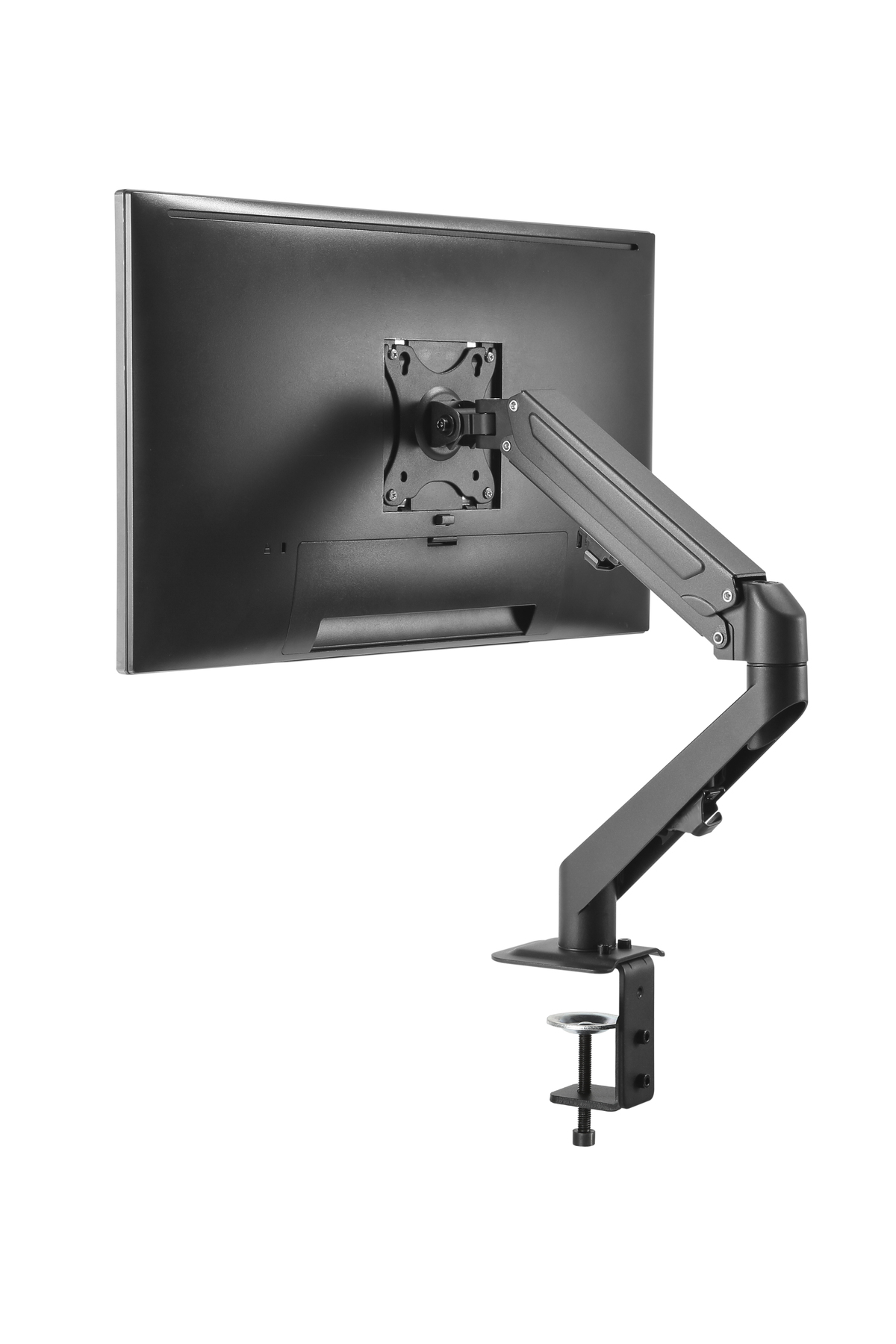 Masa kelepçeli monitör kolu ve beyaz zeminde siyah monitör.