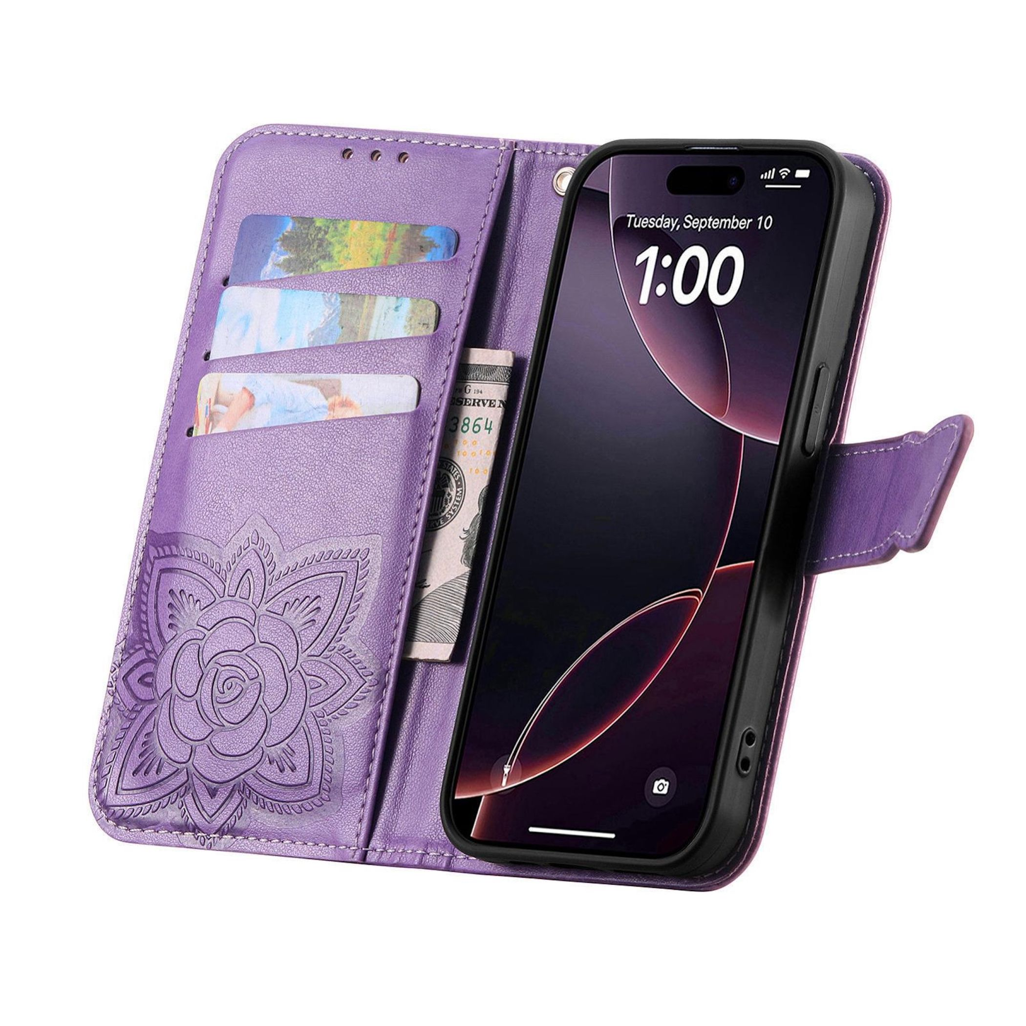 Lila Handyhülle mit Kartenfächern, einem Dollar, und einem Handy mit Uhrzeit.