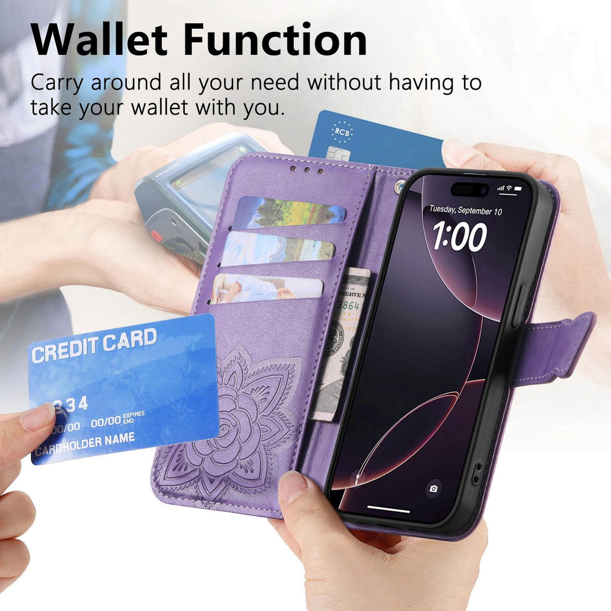 Lila Handyhülle mit Kartenfächern, Kreditkarte, Geld und Handy.