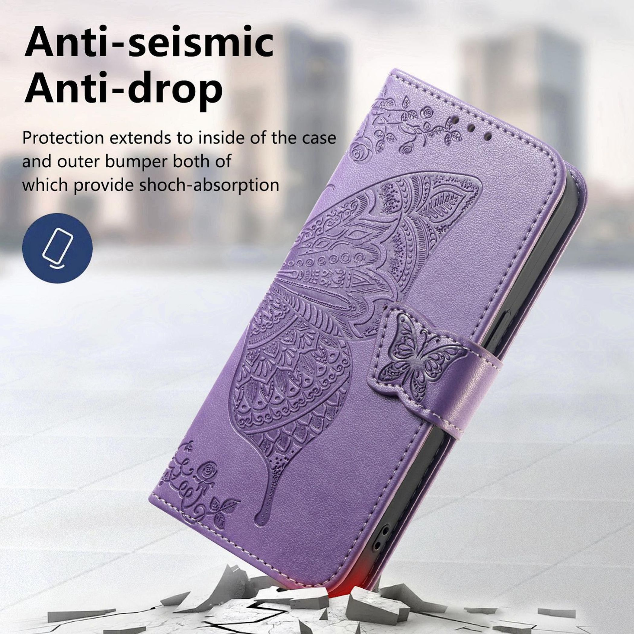 Lila Schmetterlings-Handyhülle aus Leder mit Prägung, die Stöße absorbiert.
