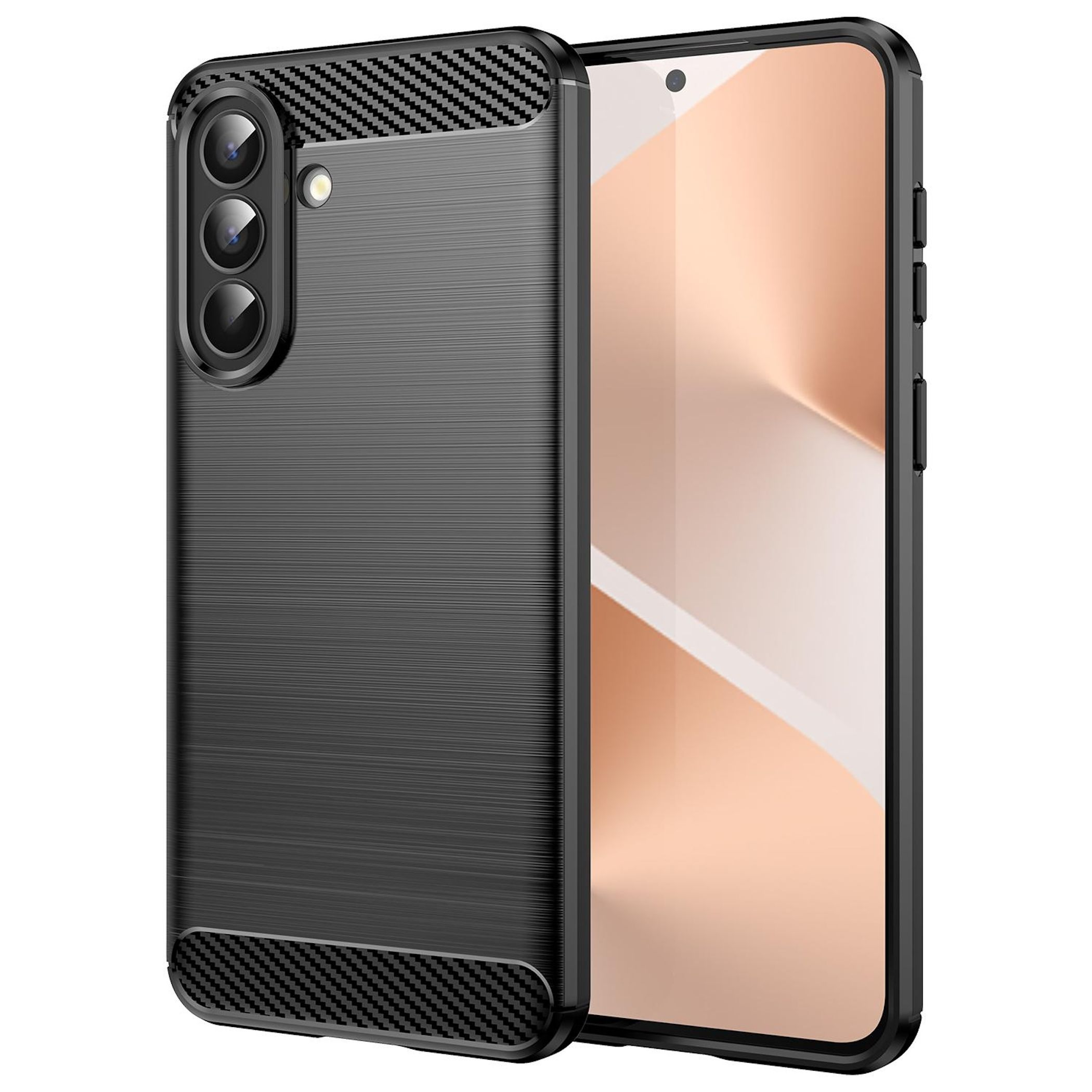Schwarzes Handy mit Carbonmuster-Akzenten und drei Kameras.