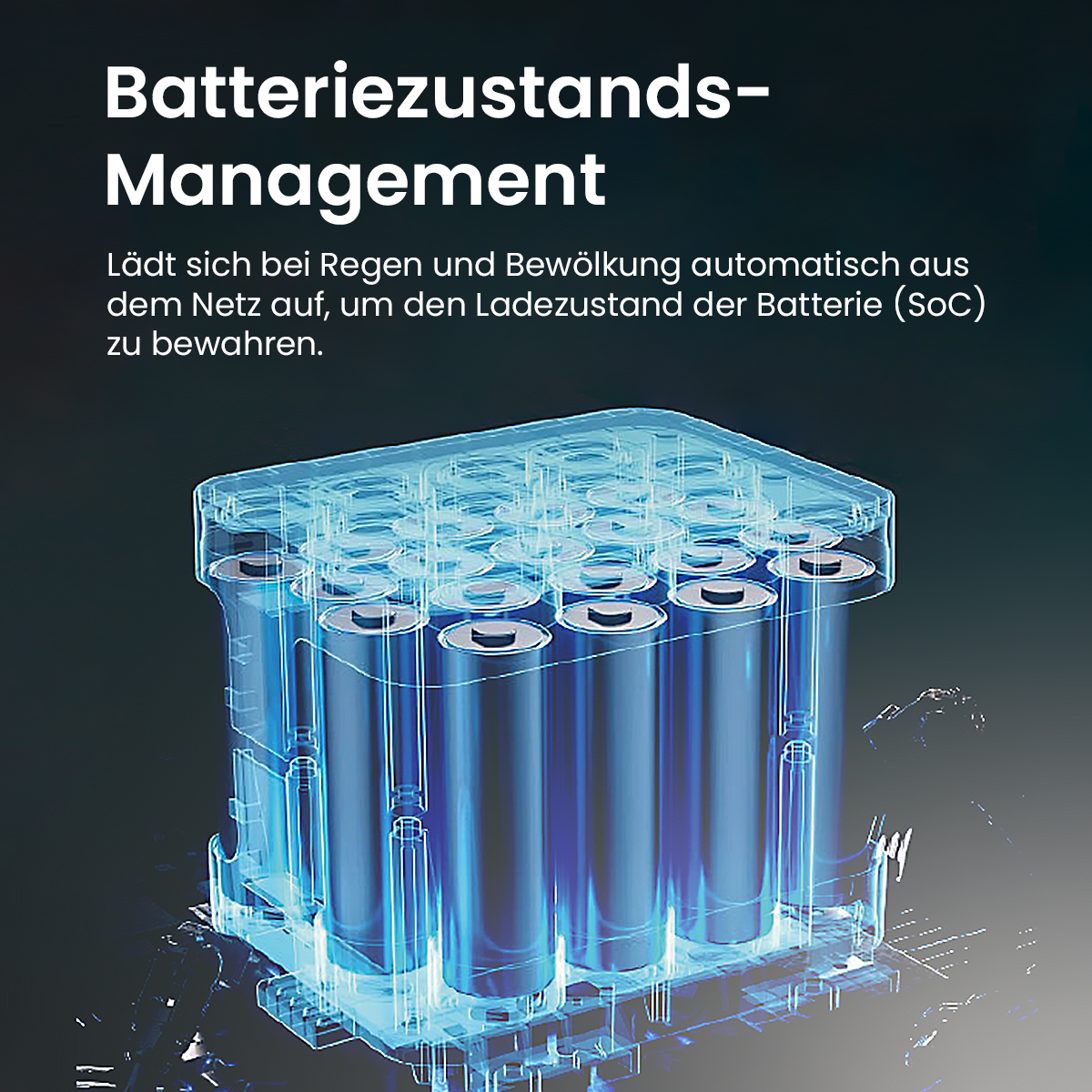 Illustriert ein Batteriepack-Management-System mit mehreren zylindrischen Batterien, die in einem transparenten Gehäuse angeordnet sind.